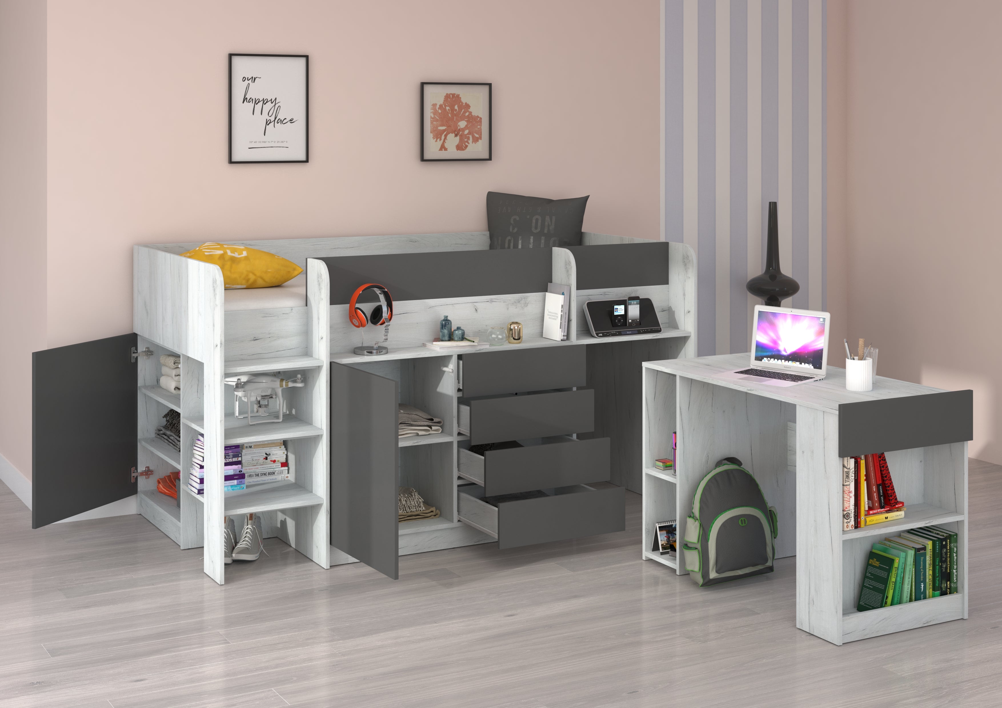 Etagenbett SMI-L mit Treppe links, Ausziehbarer Schreibtisch und kleiner Schrank