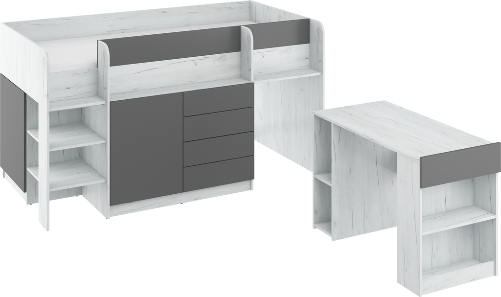 Etagenbett SMI-L mit Treppe links, Ausziehbarer Schreibtisch und kleiner Schrank