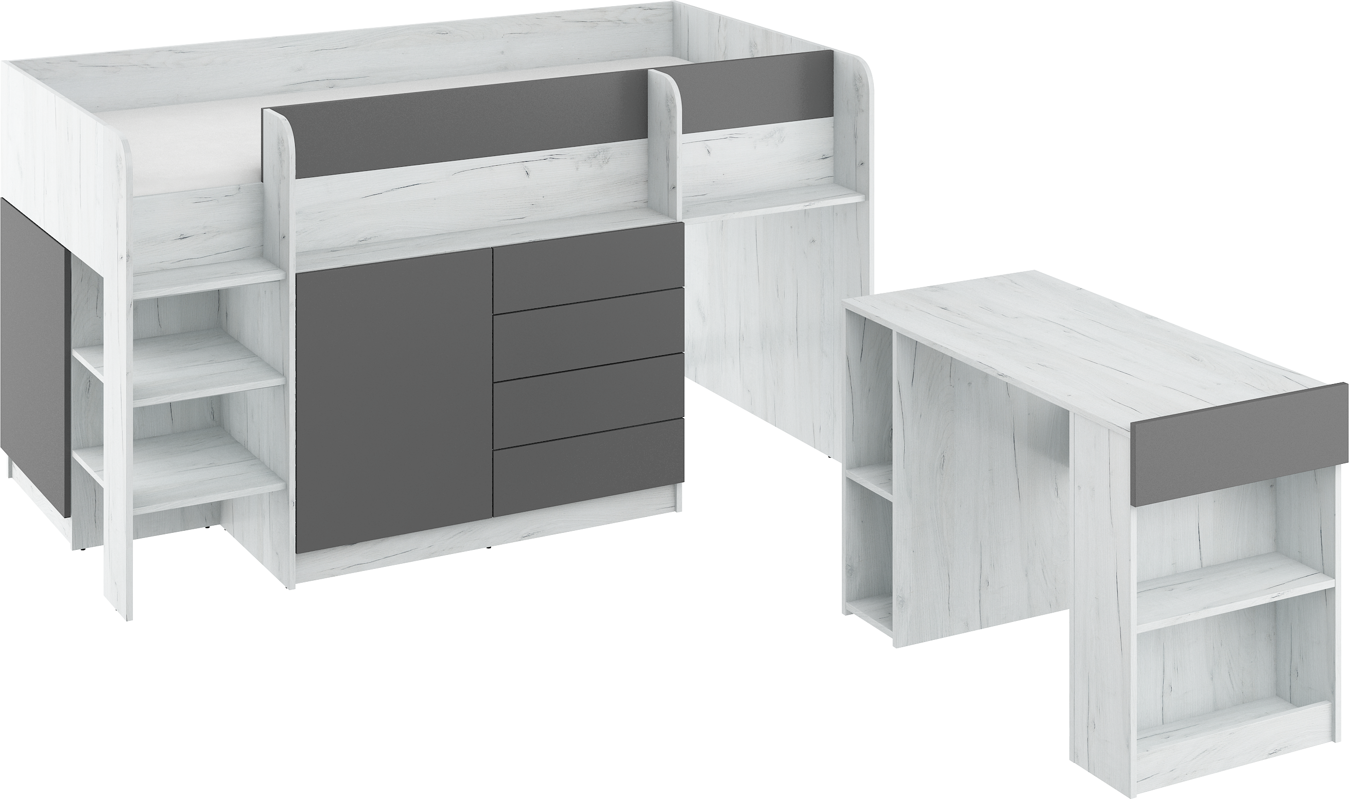 Etagenbett SMI-L mit Treppe links, Ausziehbarer Schreibtisch und kleiner Schrank