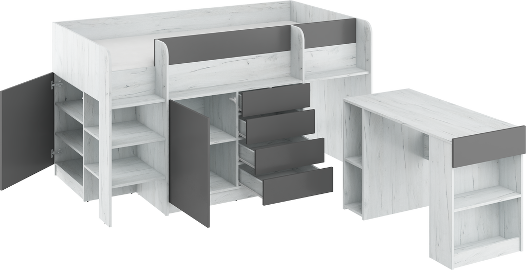 Etagenbett SMI-L mit Treppe links, Ausziehbarer Schreibtisch und kleiner Schrank