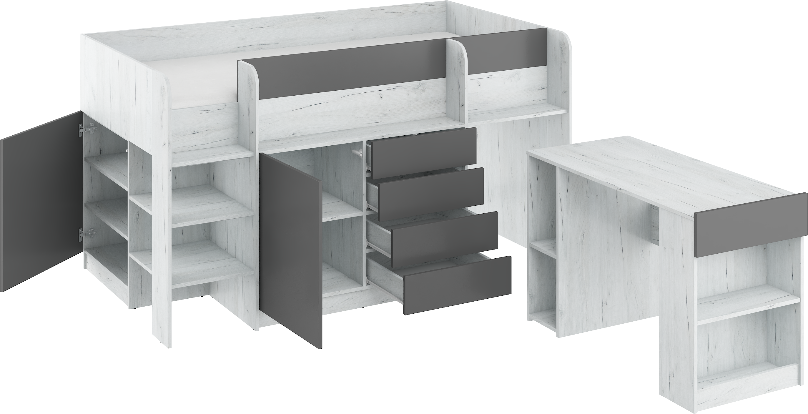 Etagenbett SMI-L mit Treppe links, Ausziehbarer Schreibtisch und kleiner Schrank