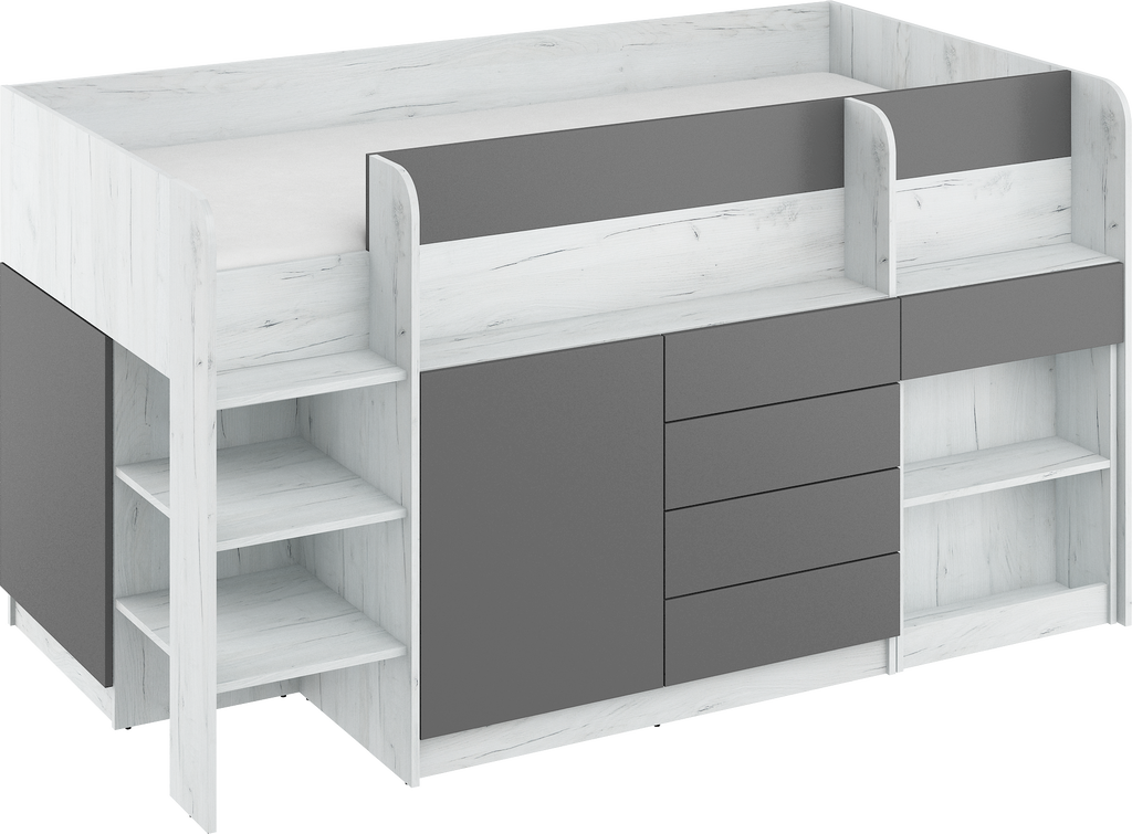 Etagenbett SMI-L mit Treppe links, Ausziehbarer Schreibtisch und kleiner Schrank