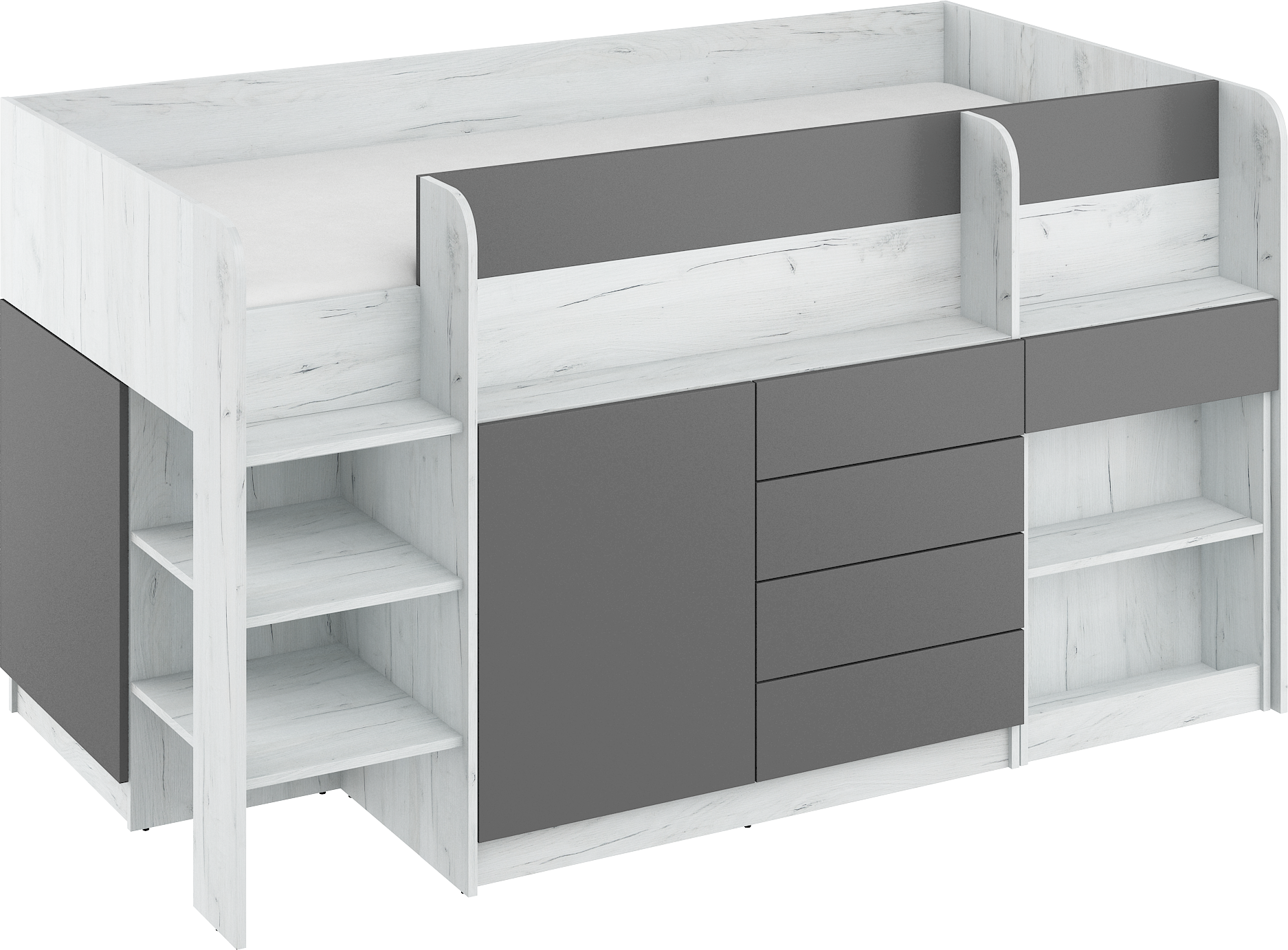 Etagenbett SMI-L mit Treppe links, Ausziehbarer Schreibtisch und kleiner Schrank