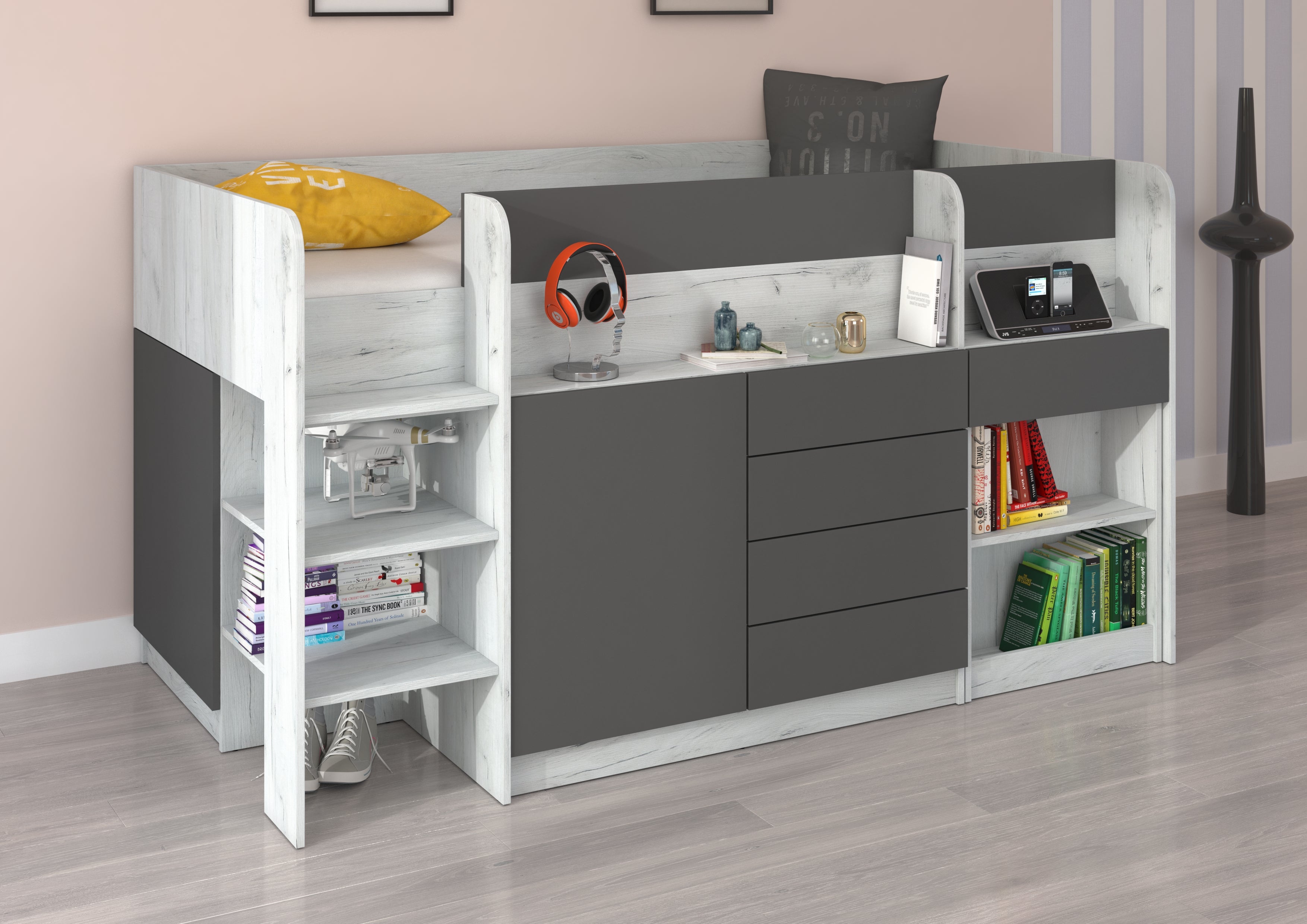 Etagenbett SMI-L mit Treppe links, Ausziehbarer Schreibtisch und kleiner Schrank