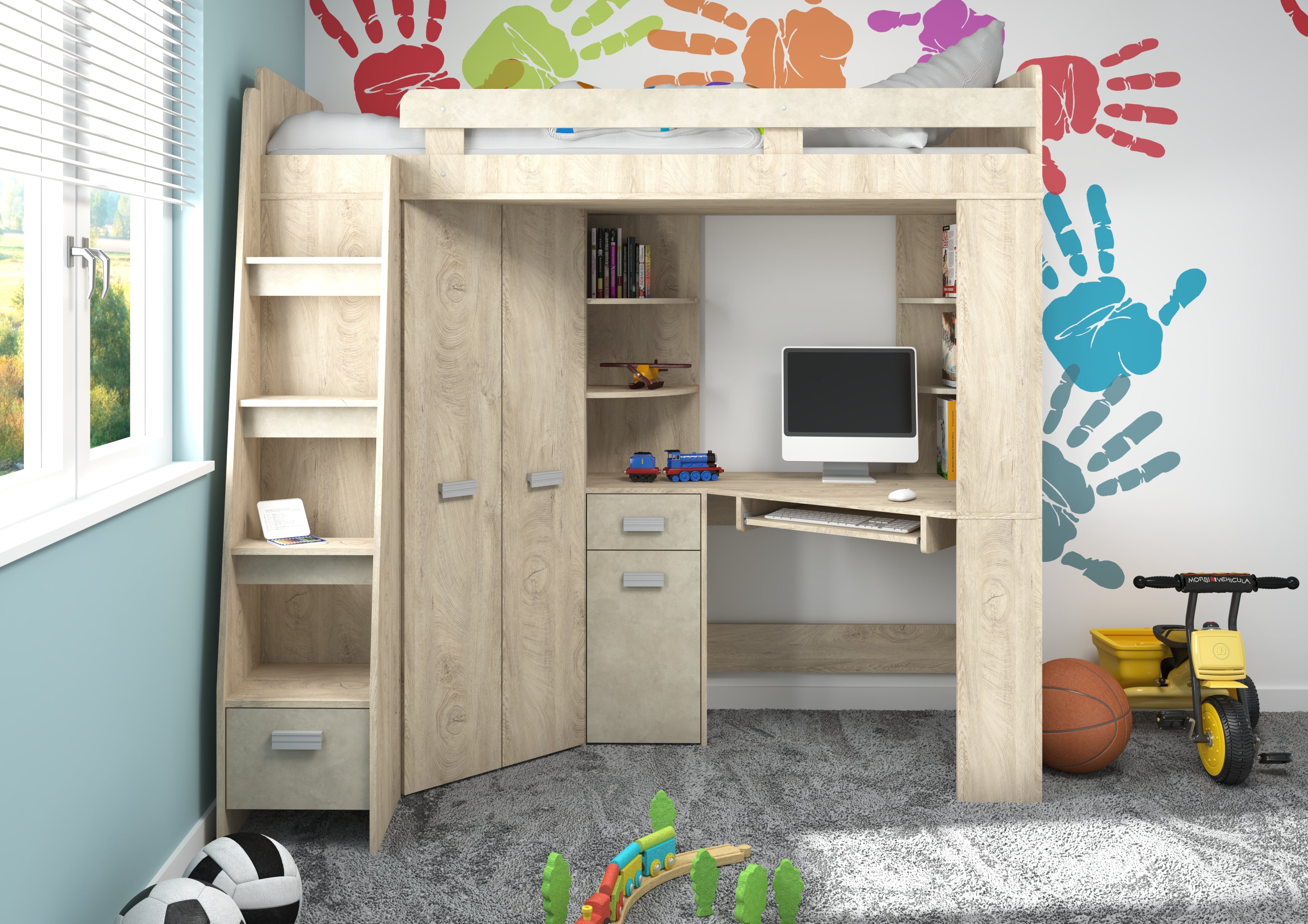 Etagenbett ANT-L mit funktionaler Treppe links, Eckkleiderschrank und Schreibtisch