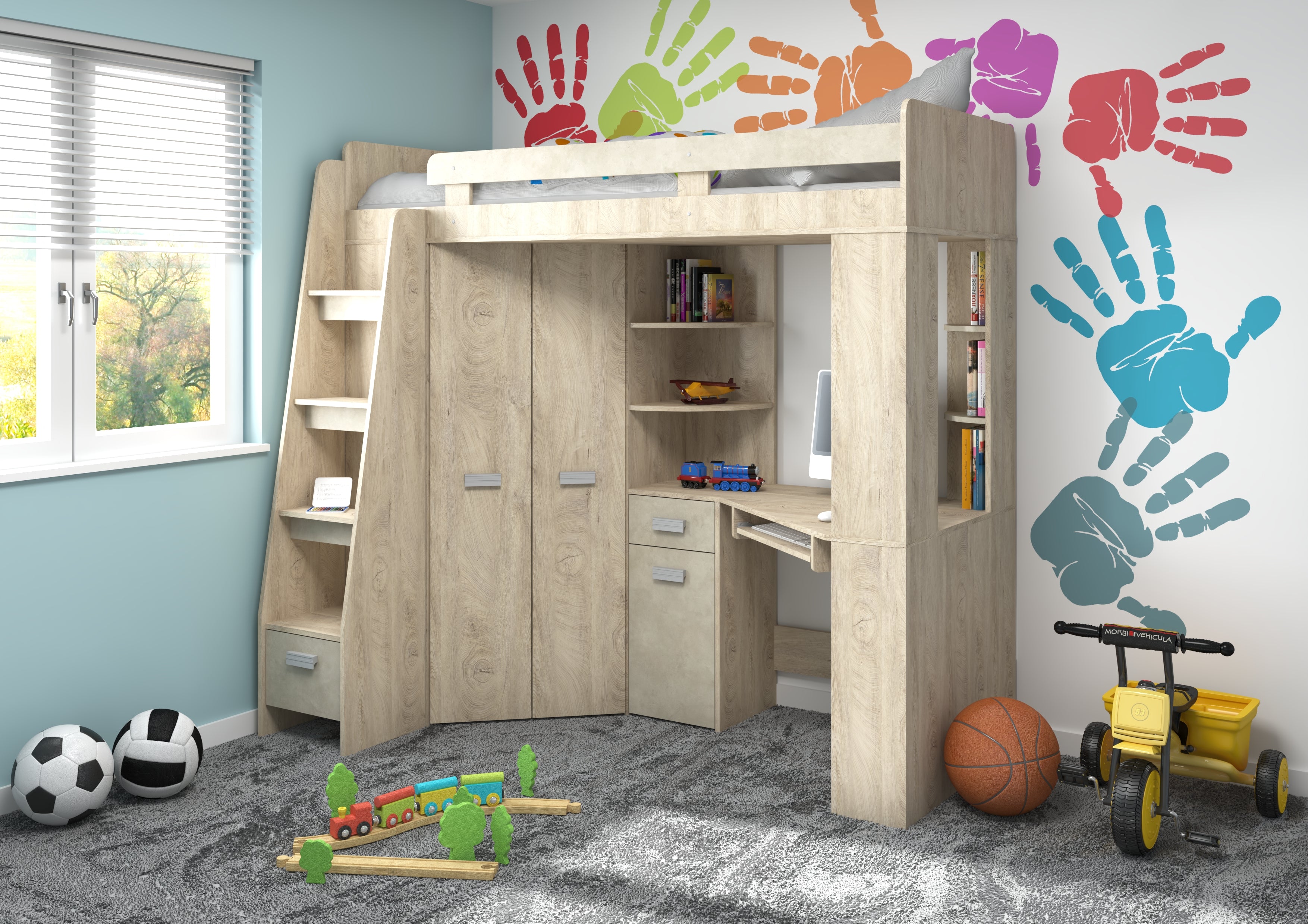 Etagenbett ANT-L mit funktionaler Treppe links, Eckkleiderschrank und Schreibtisch