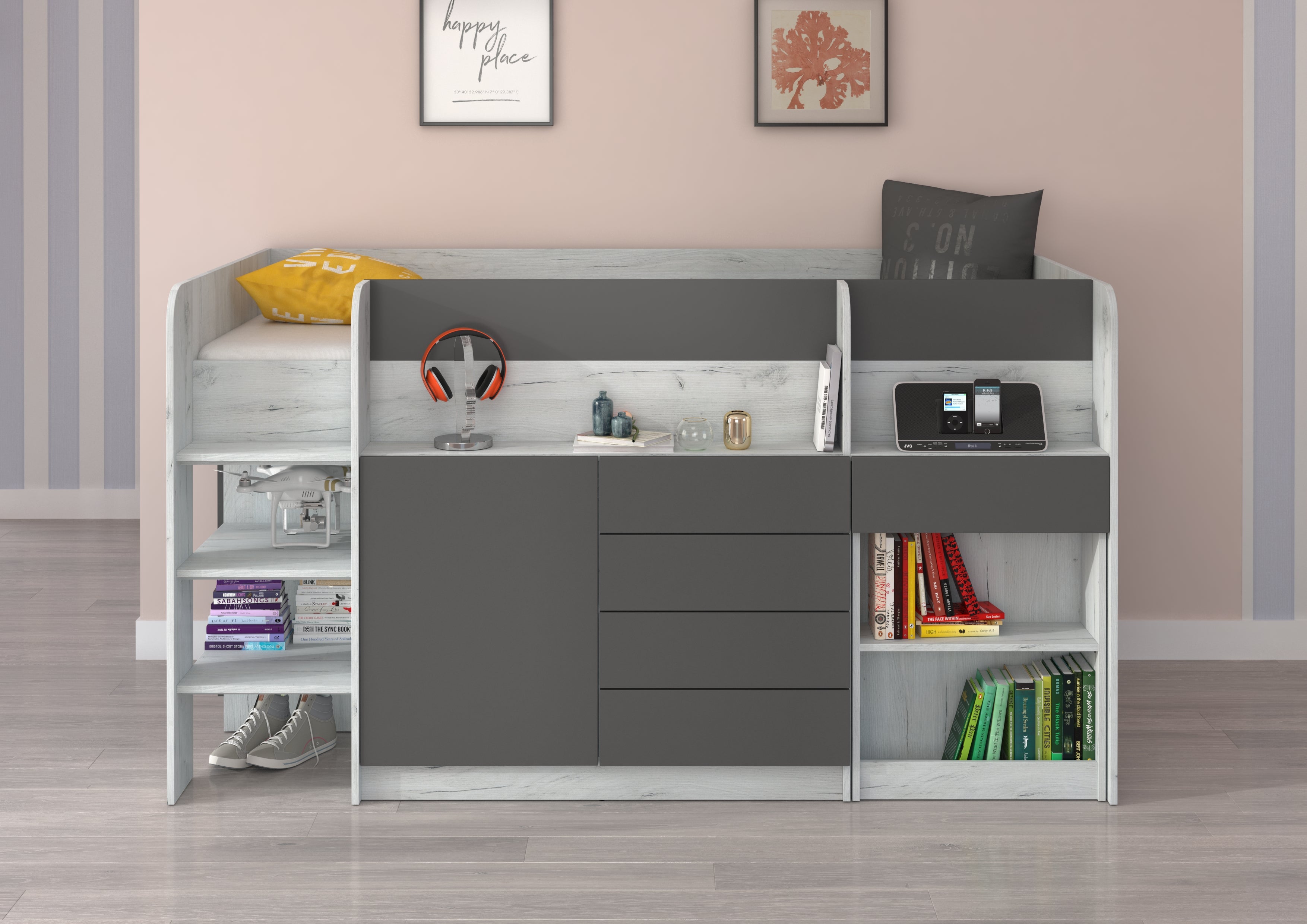 Etagenbett SMI-L mit Treppe links, Ausziehbarer Schreibtisch und kleiner Schrank