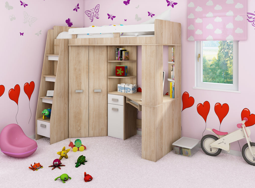 Etagenbett ANT-L mit funktionaler Treppe links, Eckkleiderschrank und Schreibtisch