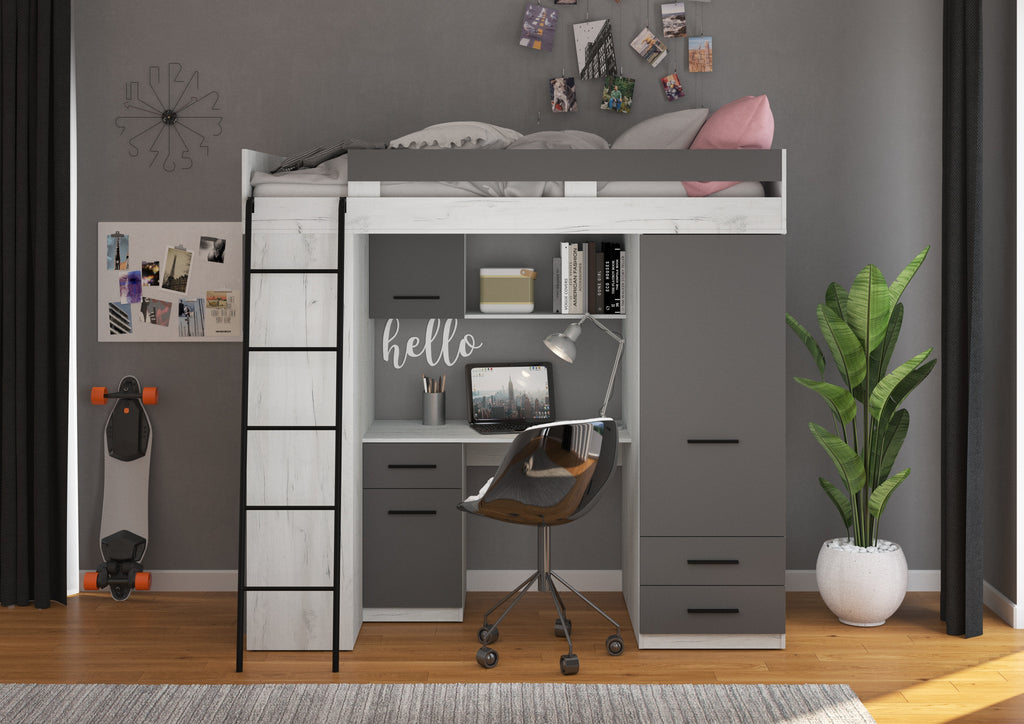 Etagenbett LEV-L mit Leiter links, Kleiderschrank, Schreibtisch und viele Regale