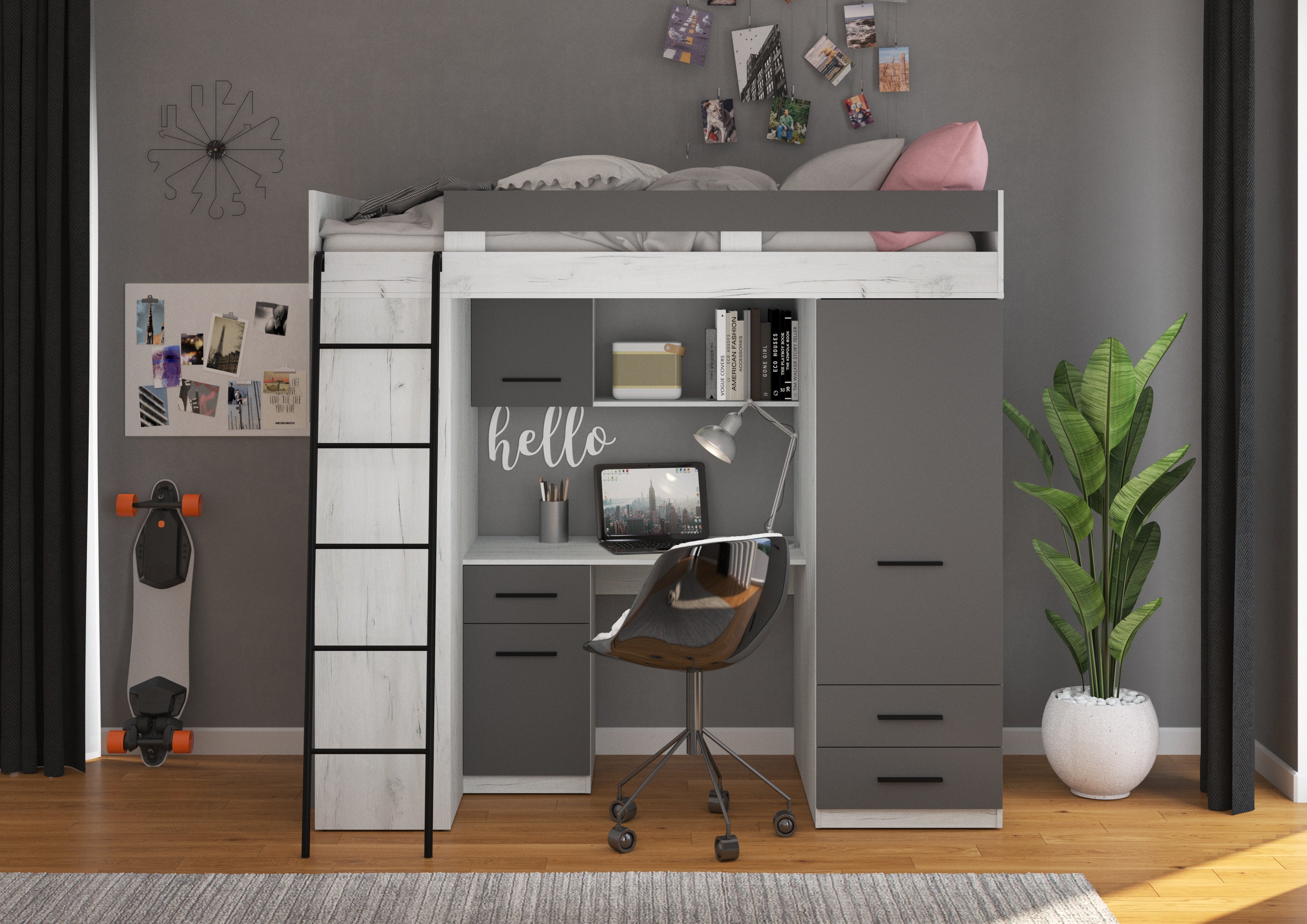 Etagenbett LEV-L mit Leiter links, Kleiderschrank, Schreibtisch und viele Regale