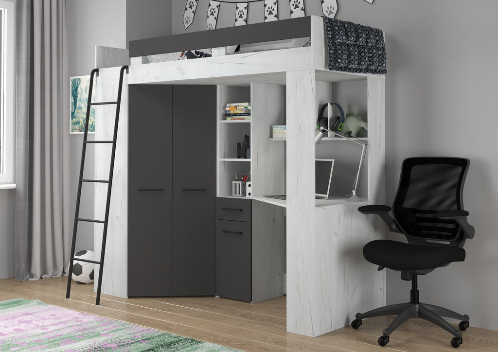 Etagenbett FLO-L mit Leiter  links, Eckkleiderschrank und Schreibtisch