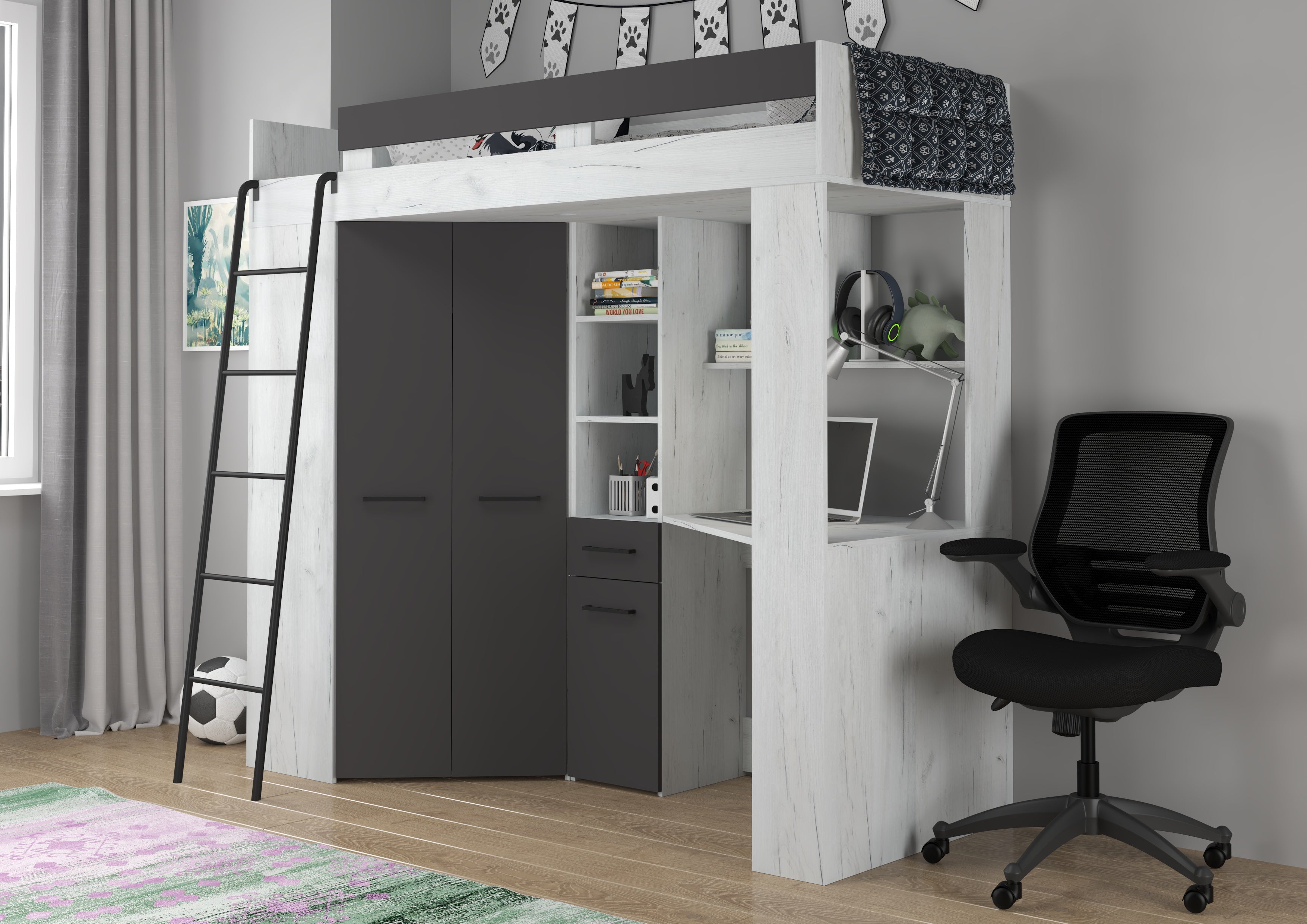Etagenbett FLO-L mit Leiter  links, Eckkleiderschrank und Schreibtisch