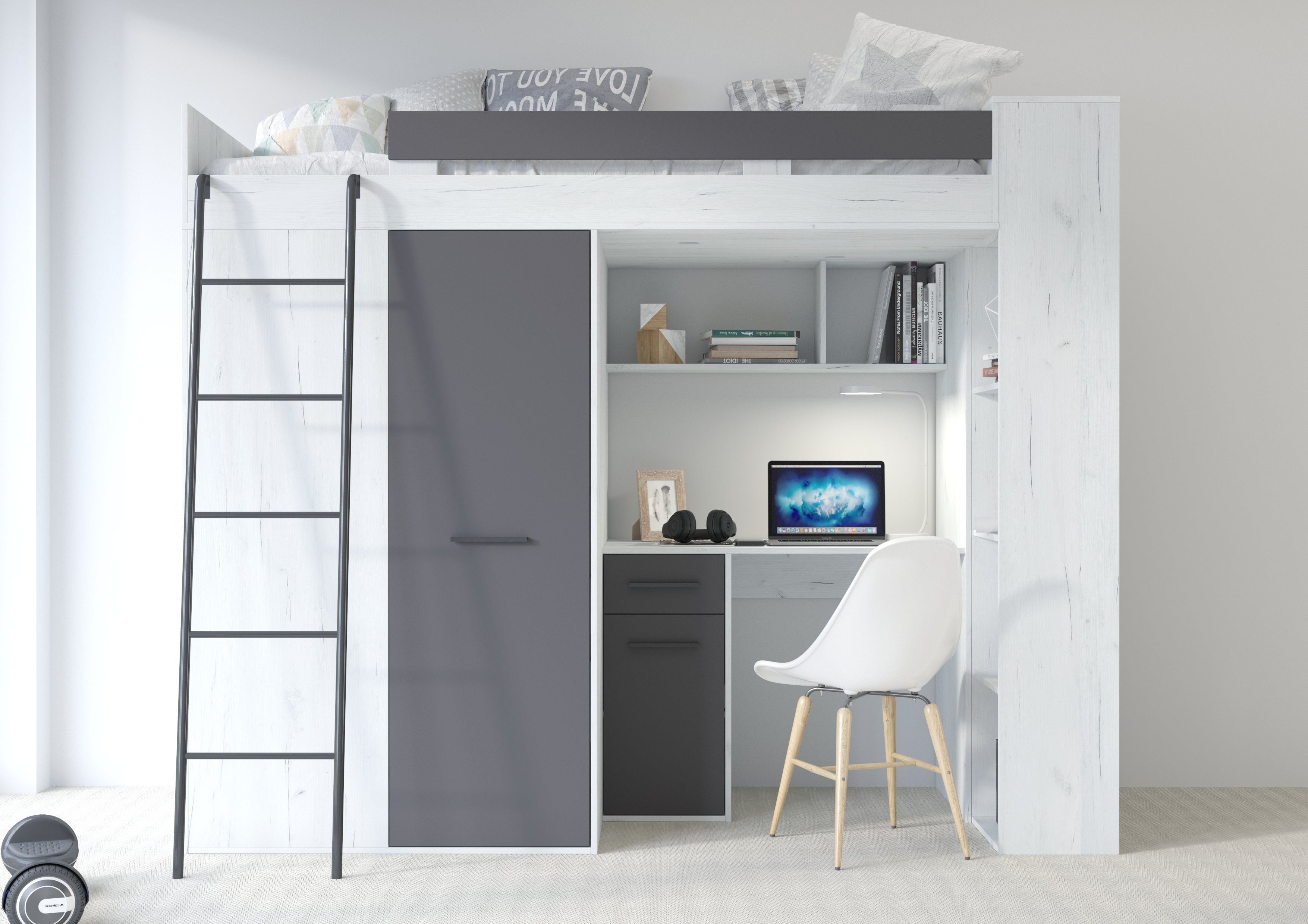 Etagenbett VER-L mit Leiter links, Kleiderschrank, Schreibtisch und viele Regale