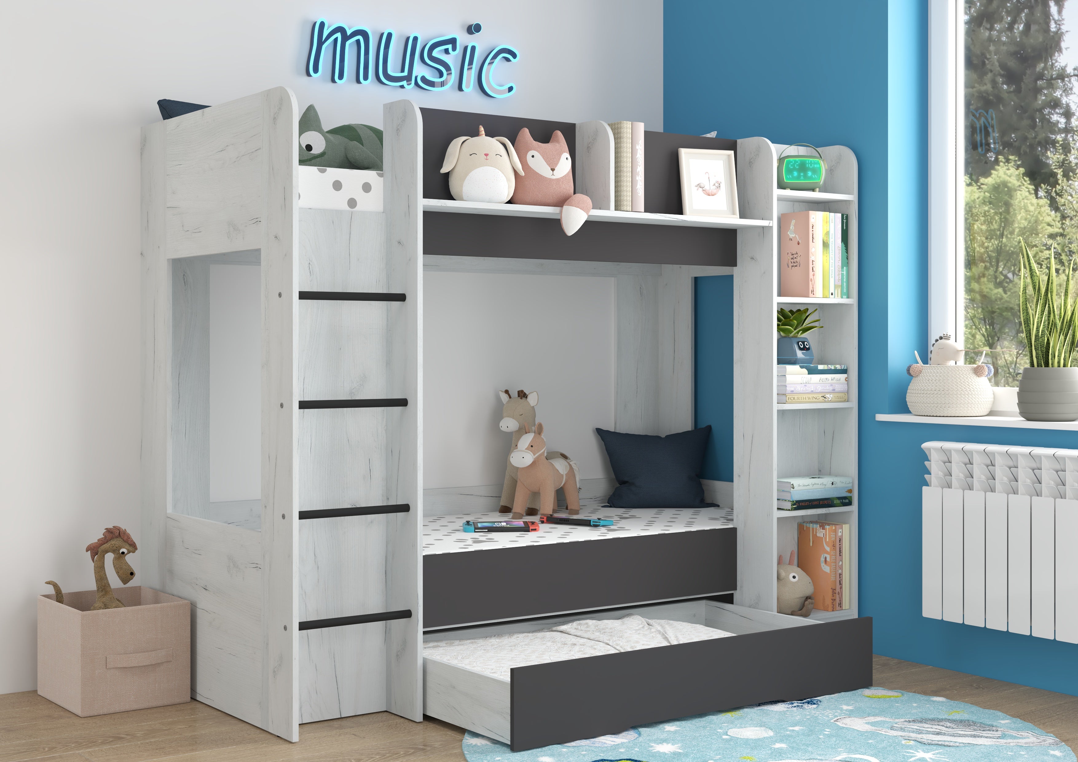 Etagenbett EVE-L für 2 Personen – 2 × 80 × 200 cm mit Schublade und Regalen