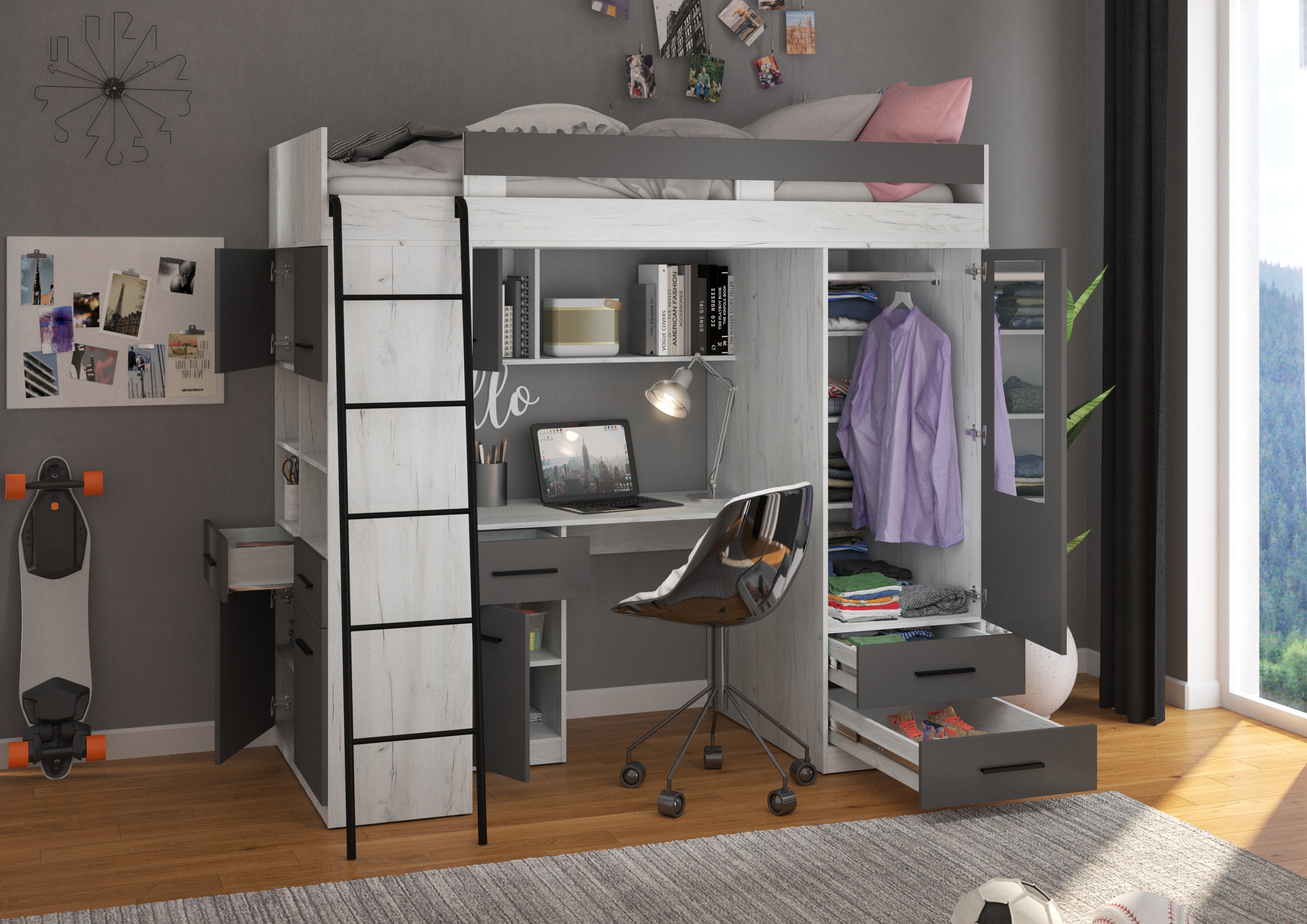 Etagenbett LEV-L mit Leiter links, Kleiderschrank, Schreibtisch und viele Regale