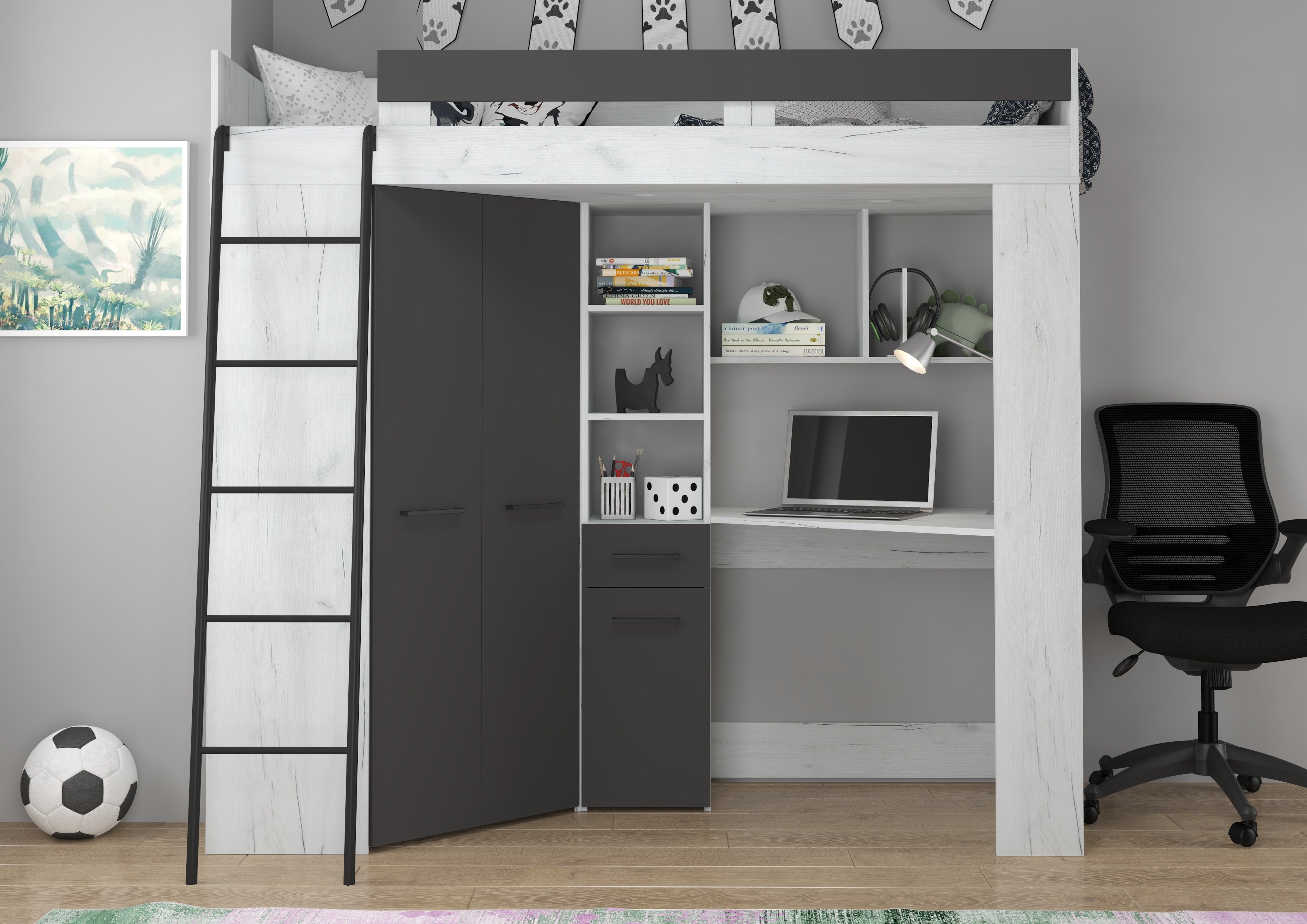 Etagenbett FLO-L mit Leiter  links, Eckkleiderschrank und Schreibtisch