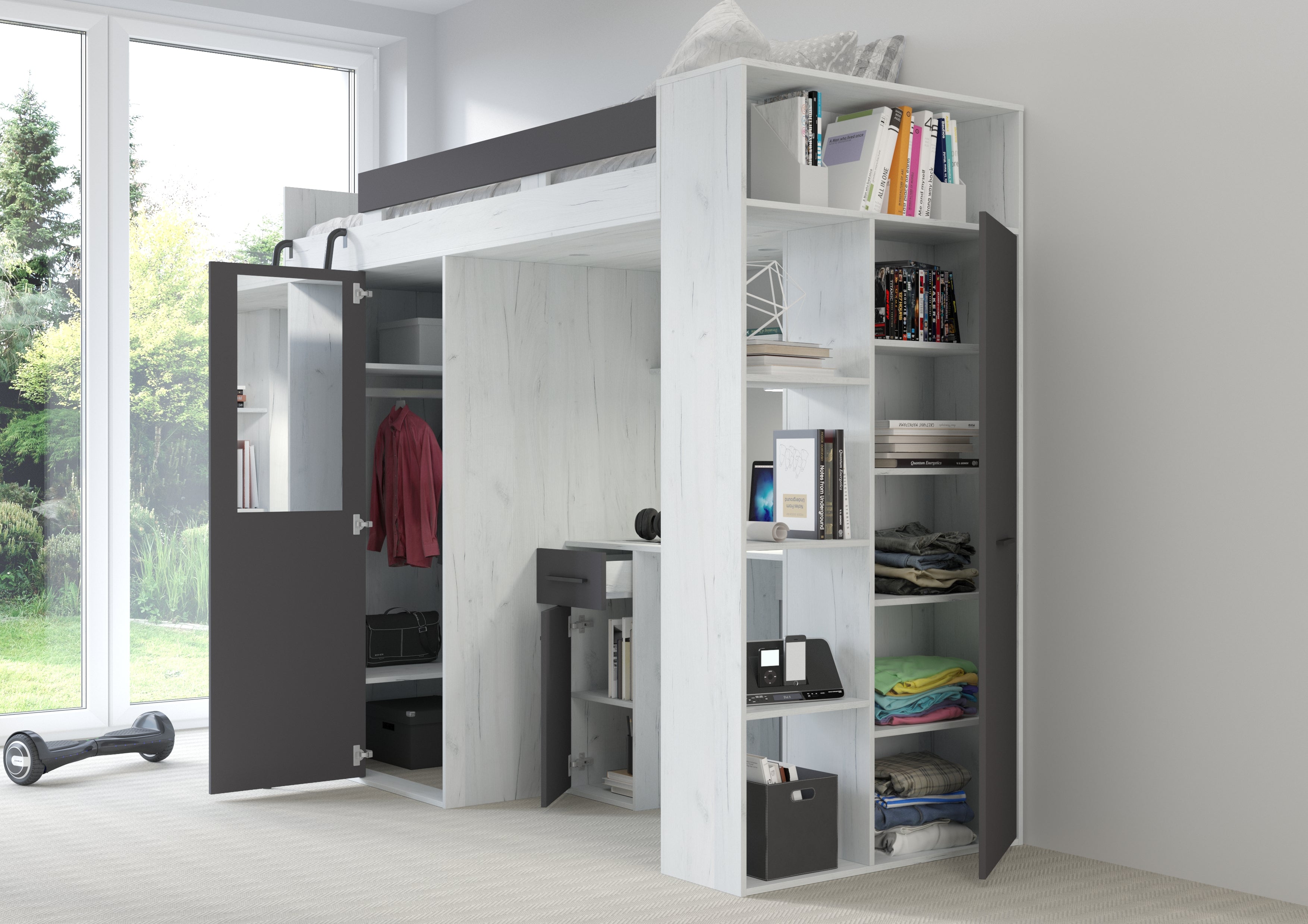Etagenbett VER-L mit Leiter links, Kleiderschrank, Schreibtisch und viele Regale