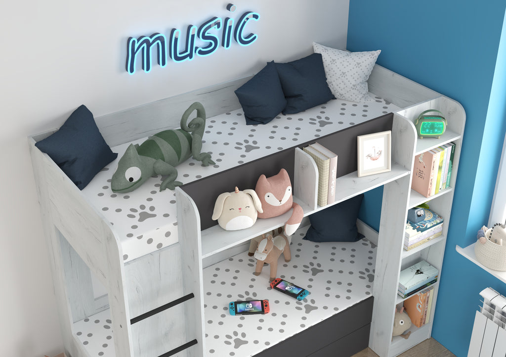 Etagenbett EVE-L für 2 Personen – 2 × 80 × 200 cm mit Schublade und Regalen