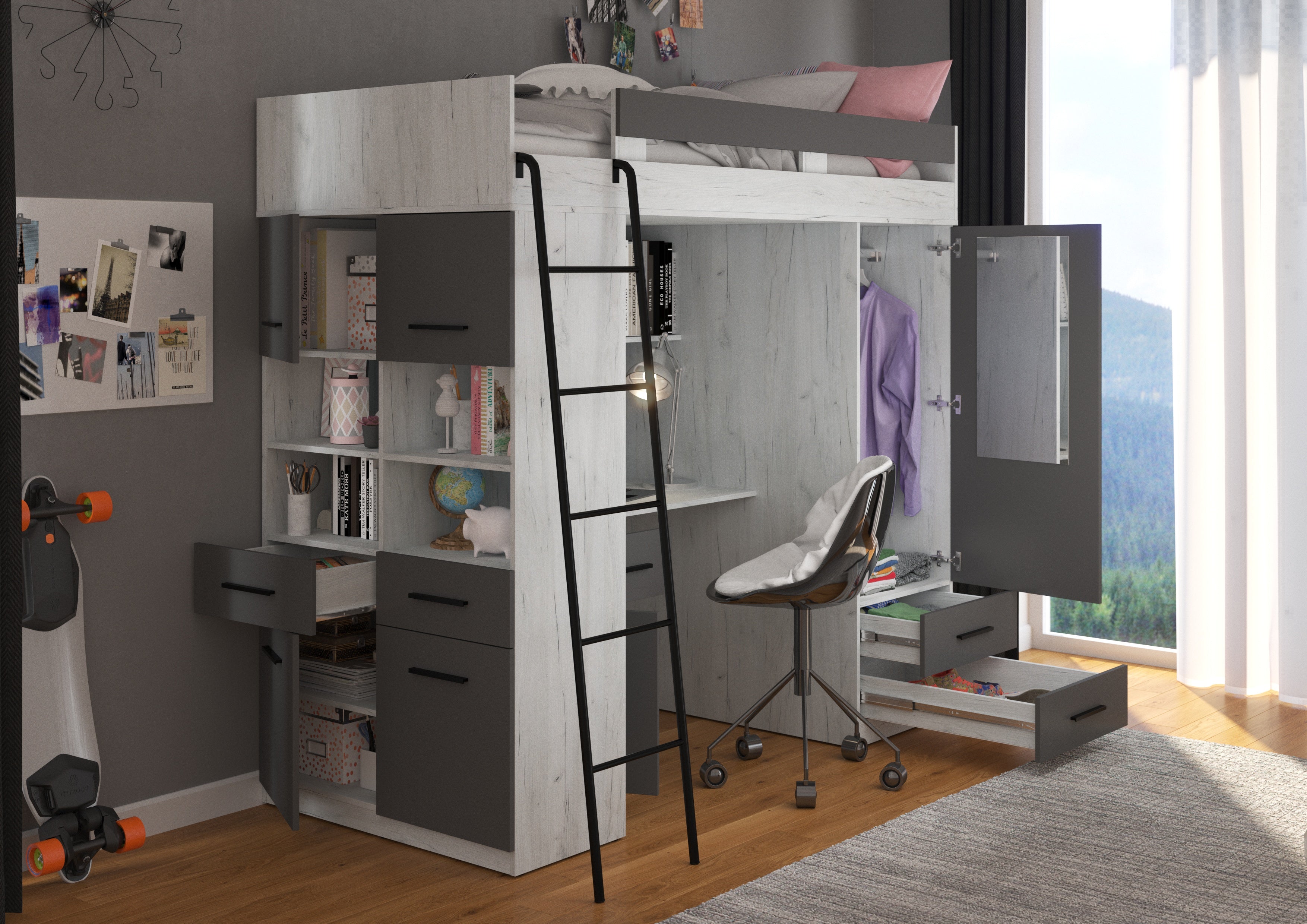 Etagenbett LEV-L mit Leiter links, Kleiderschrank, Schreibtisch und viele Regale