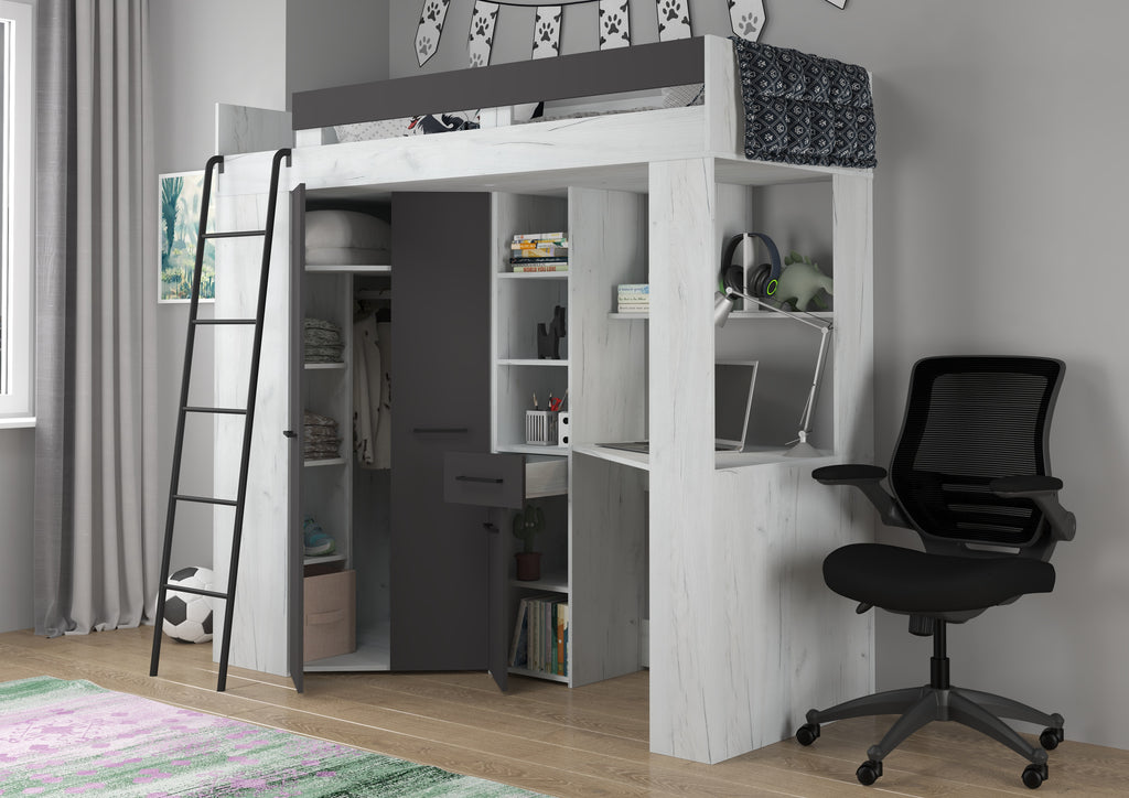 Etagenbett FLO-L mit Leiter  links, Eckkleiderschrank und Schreibtisch