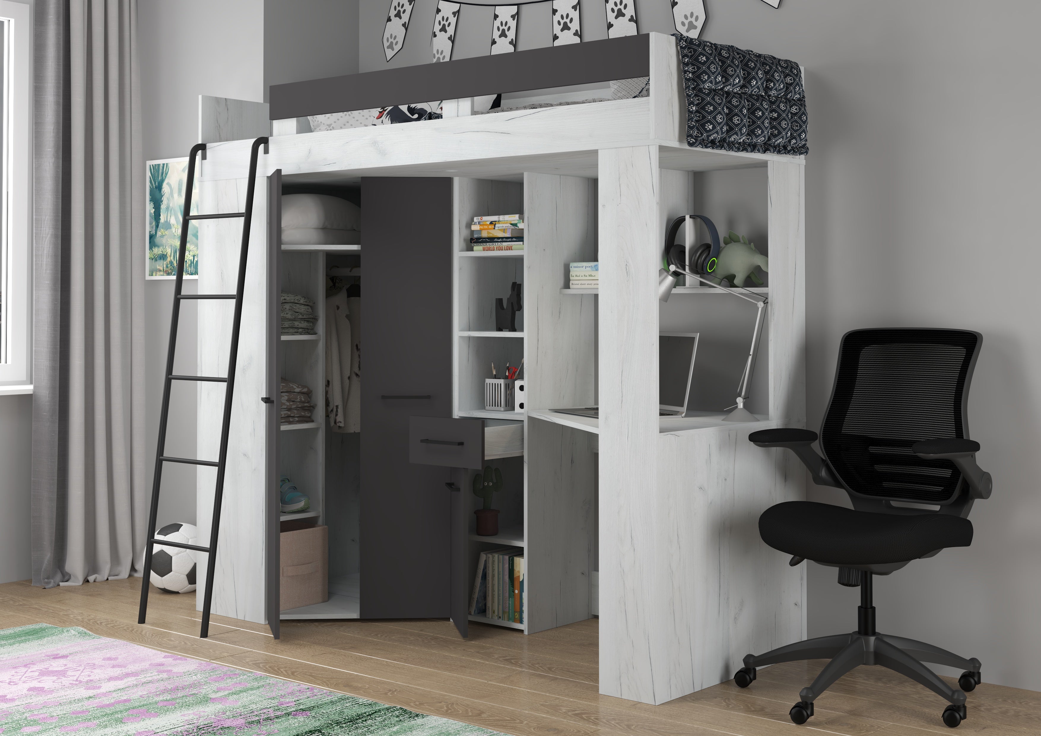 Etagenbett FLO-L mit Leiter  links, Eckkleiderschrank und Schreibtisch