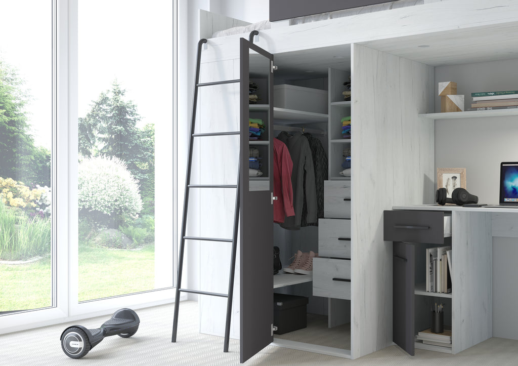 Etagenbett VER-L mit Leiter links, Kleiderschrank, Schreibtisch und viele Regale