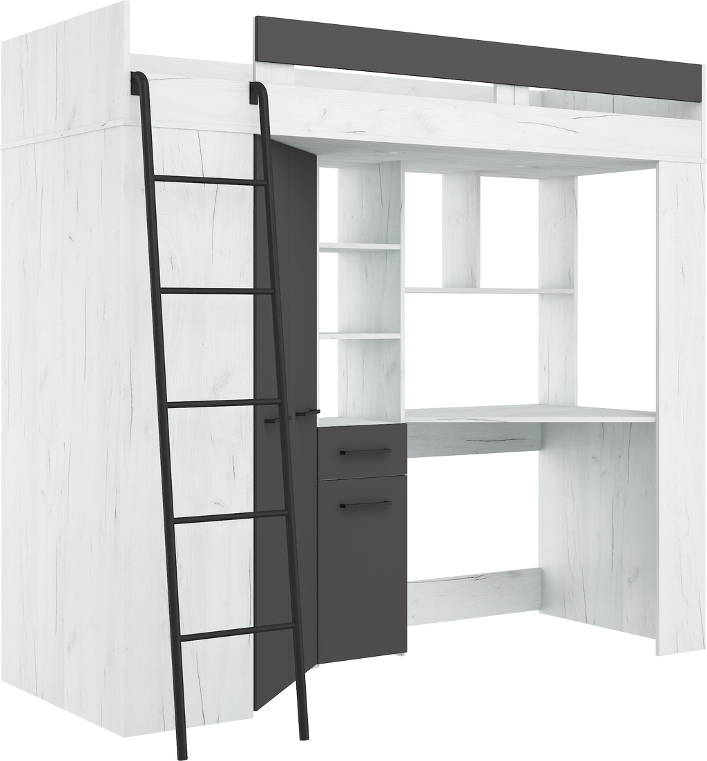 Etagenbett FLO-L mit Leiter  links, Eckkleiderschrank und Schreibtisch