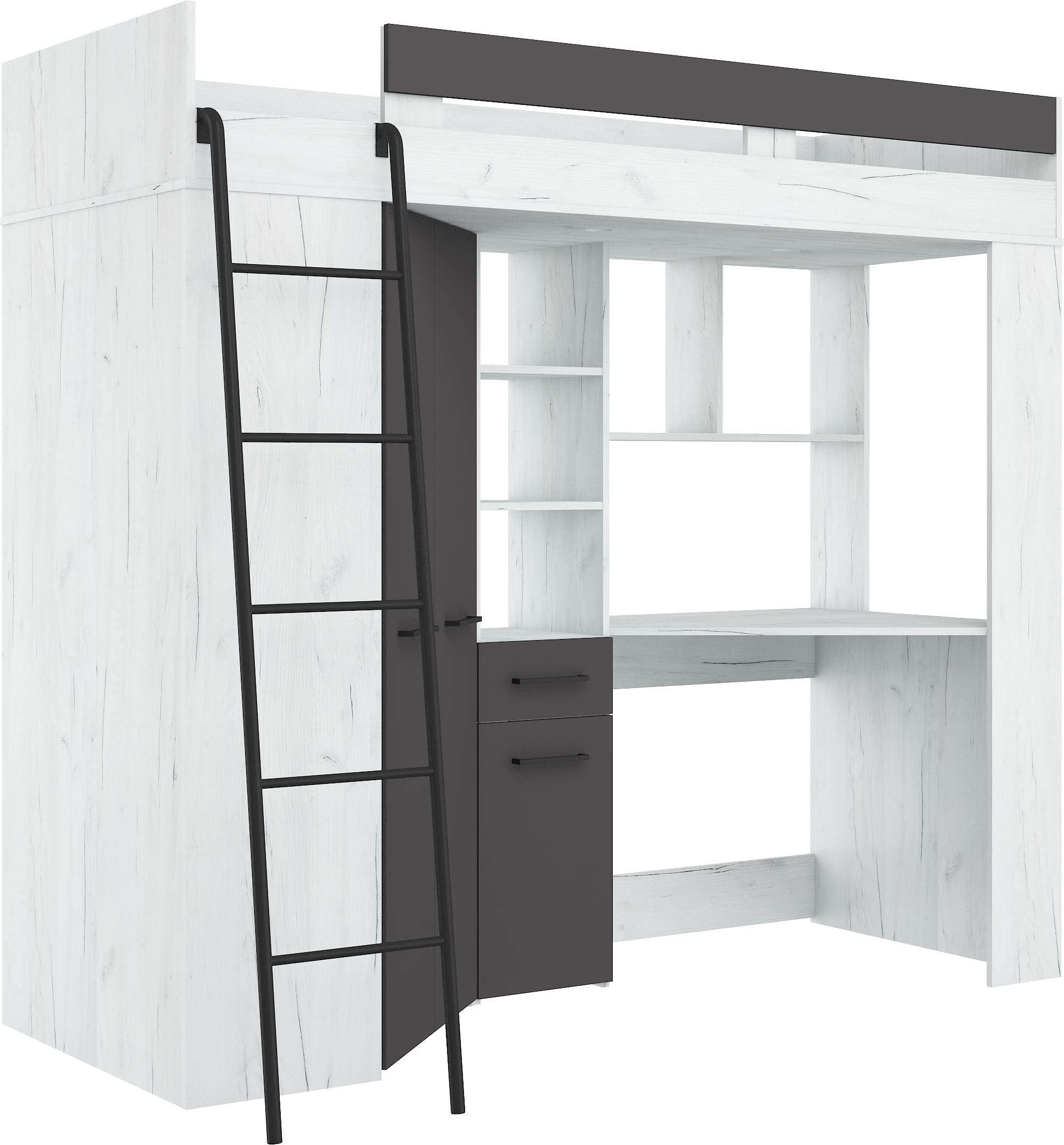 Etagenbett FLO-L mit Leiter  links, Eckkleiderschrank und Schreibtisch