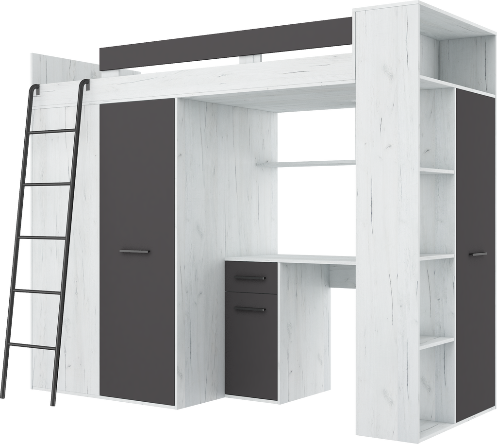 Etagenbett VER-L mit Leiter links, Kleiderschrank, Schreibtisch und viele Regale