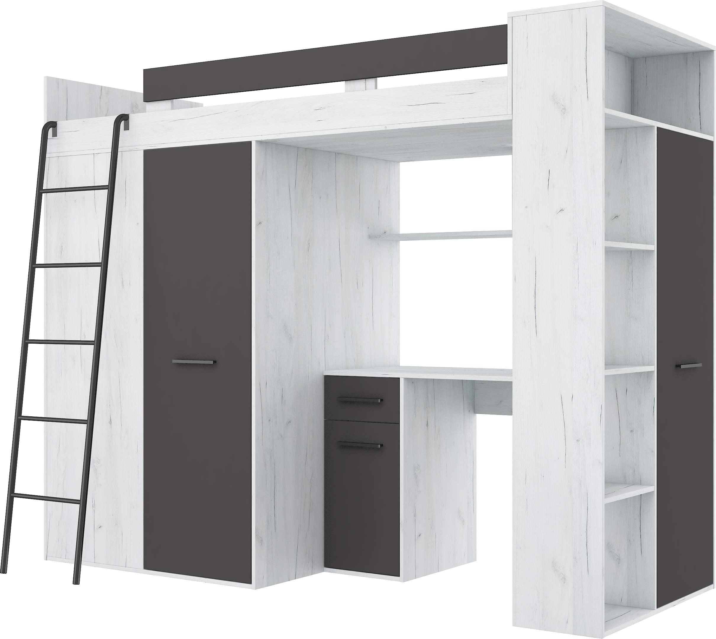 Etagenbett VER-L mit Leiter links, Kleiderschrank, Schreibtisch und viele Regale