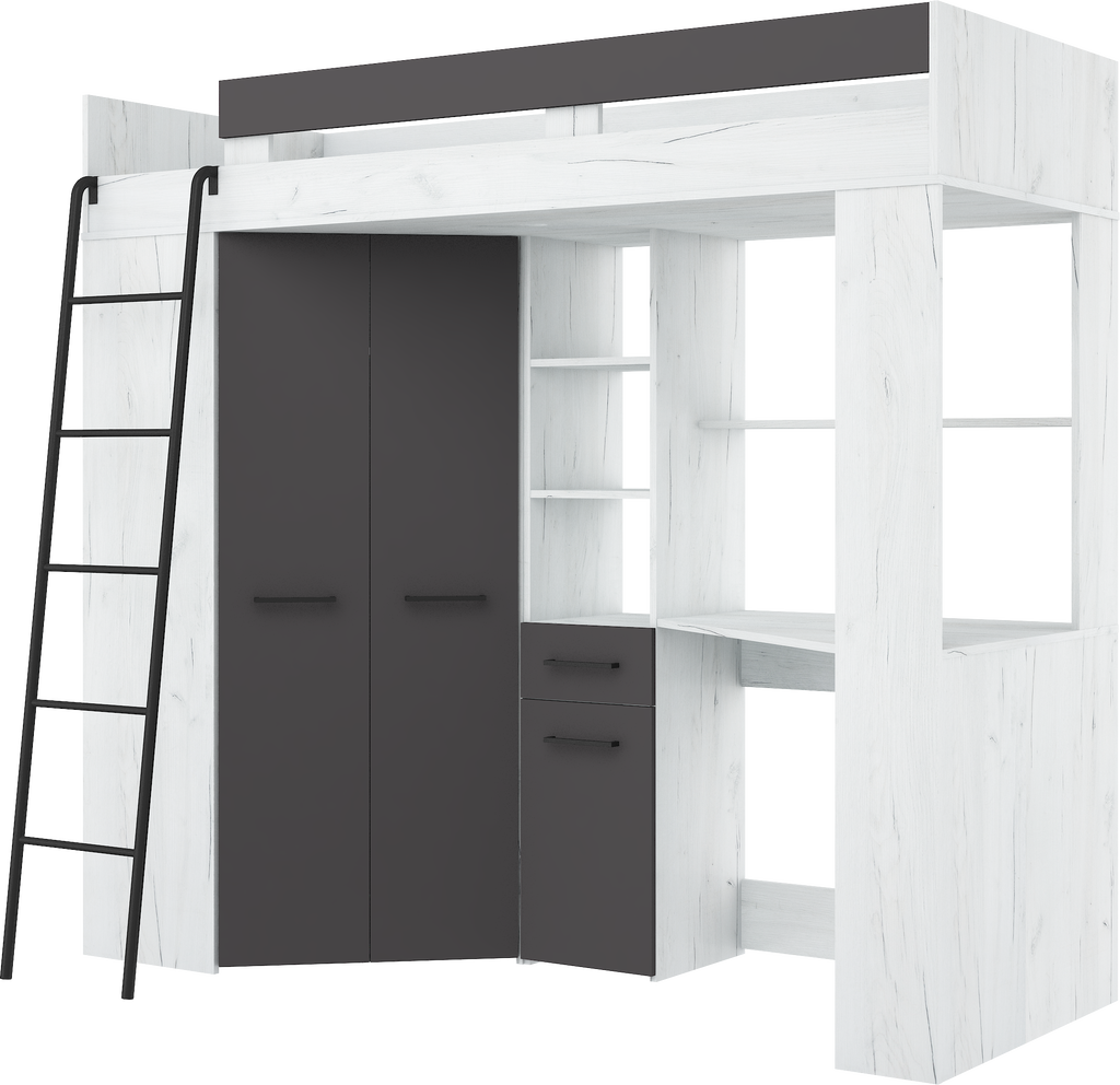 Etagenbett FLO-L mit Leiter  links, Eckkleiderschrank und Schreibtisch