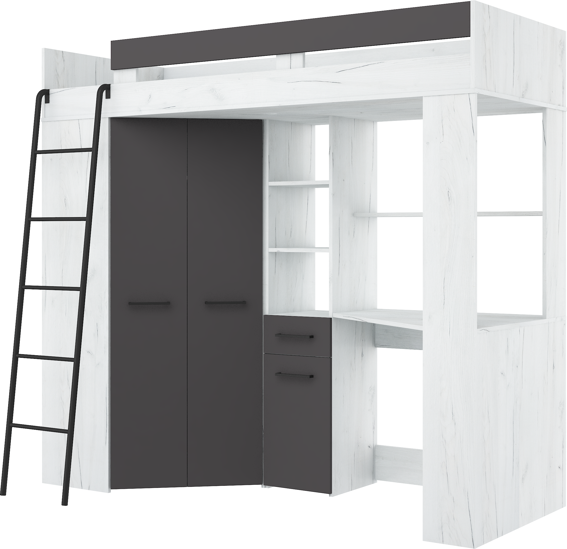 Etagenbett FLO-L mit Leiter  links, Eckkleiderschrank und Schreibtisch