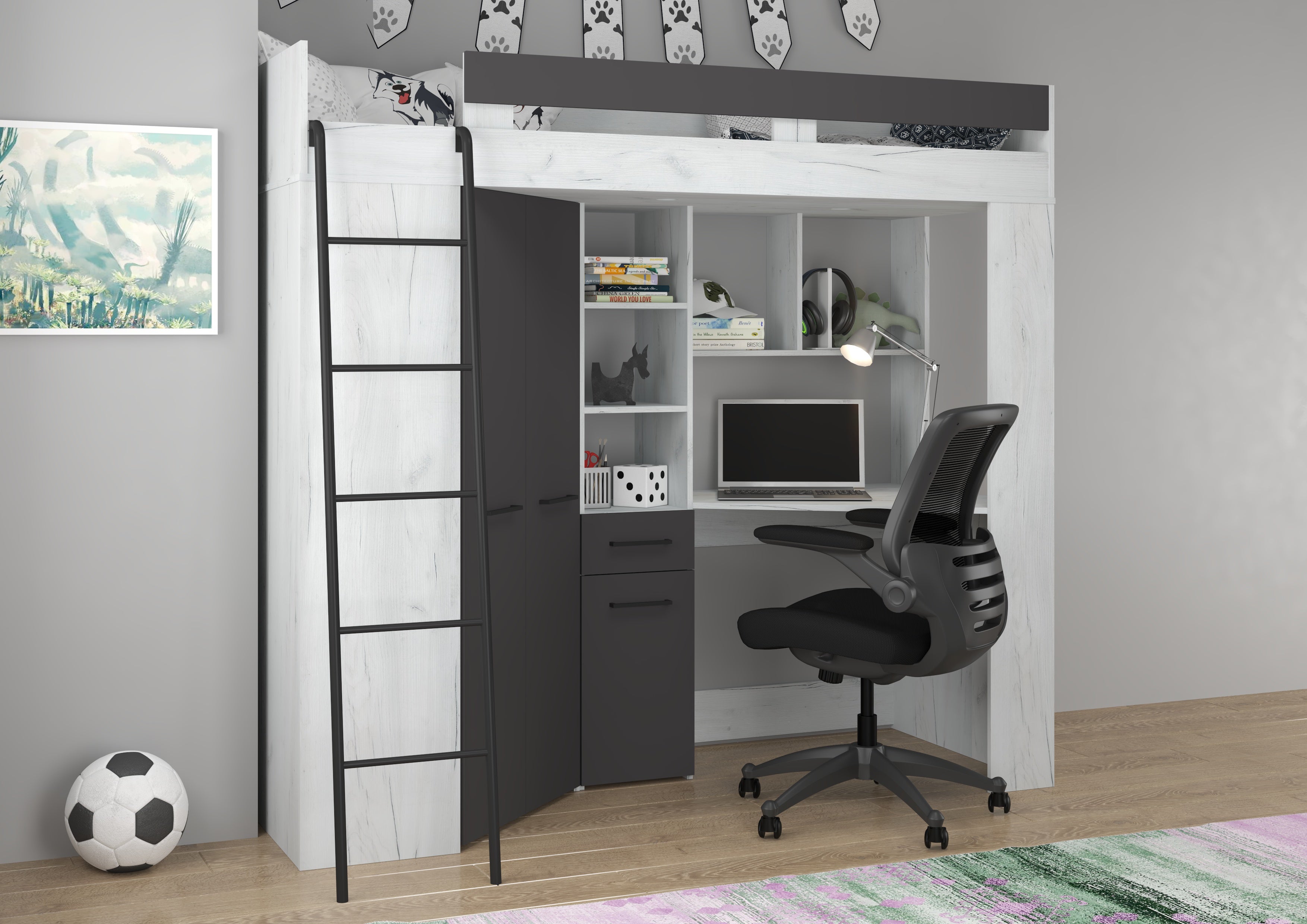Etagenbett FLO-L mit Leiter  links, Eckkleiderschrank und Schreibtisch