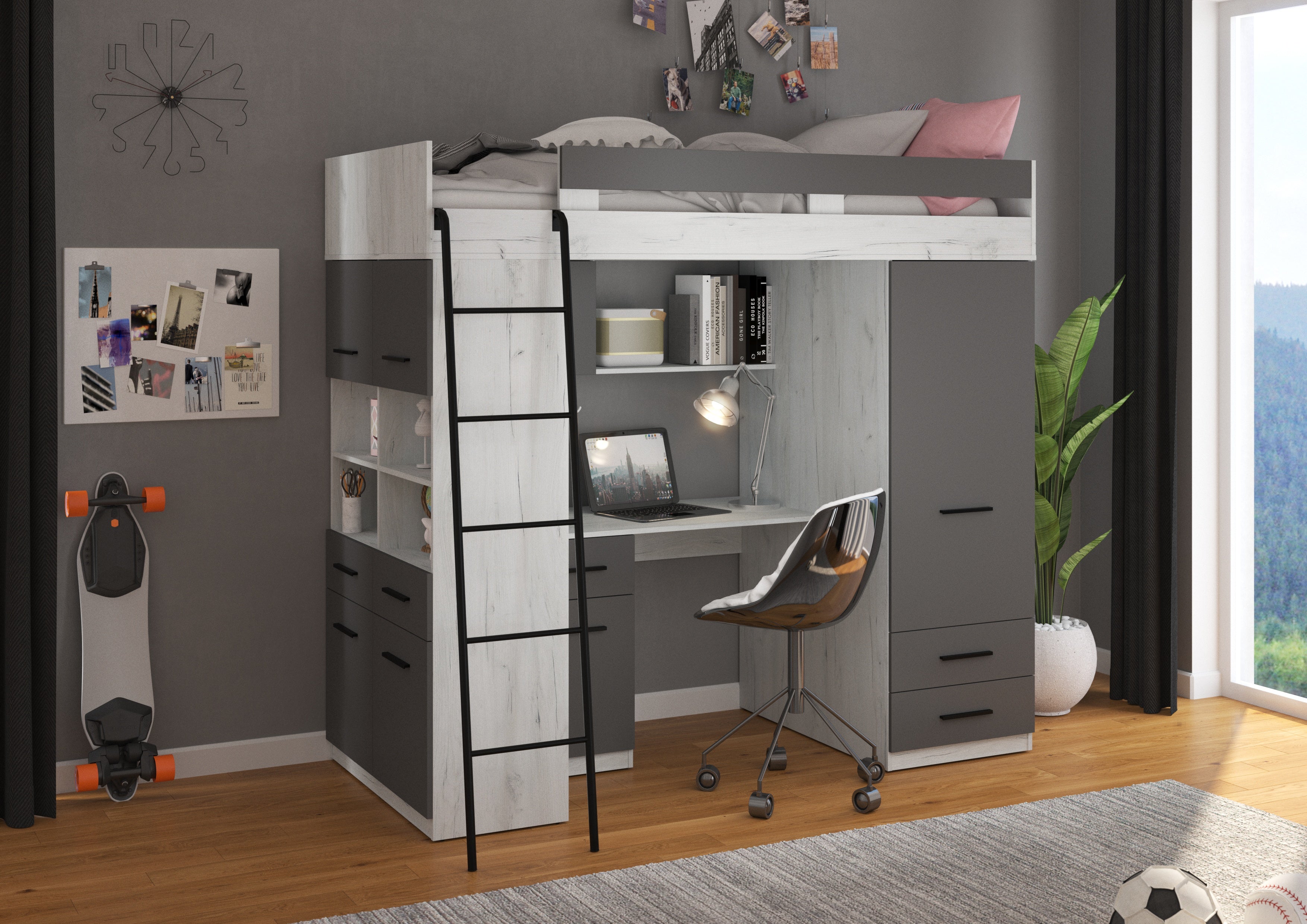 Etagenbett LEV-L mit Leiter links, Kleiderschrank, Schreibtisch und viele Regale