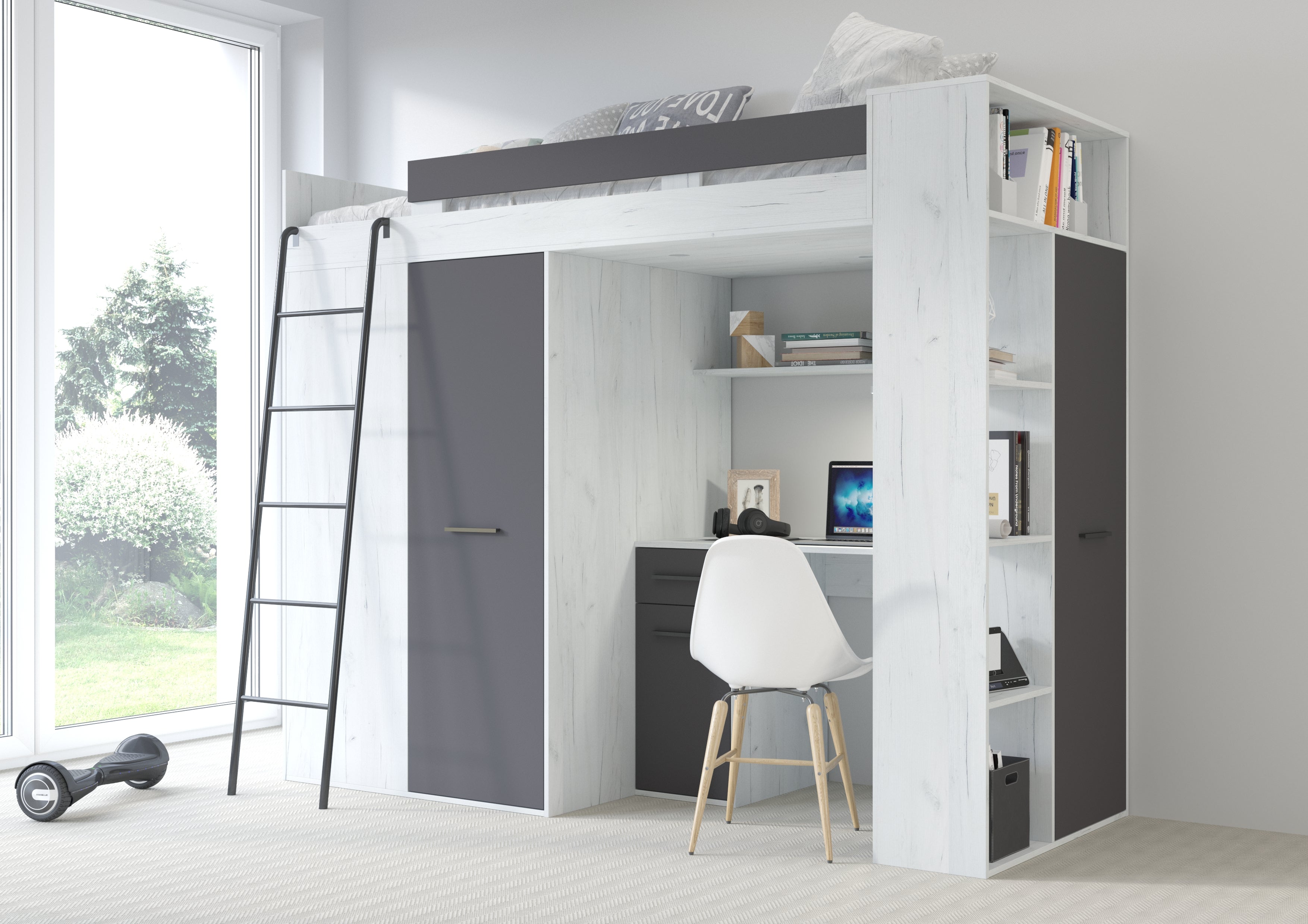 Etagenbett VER-L mit Leiter links, Kleiderschrank, Schreibtisch und viele Regale