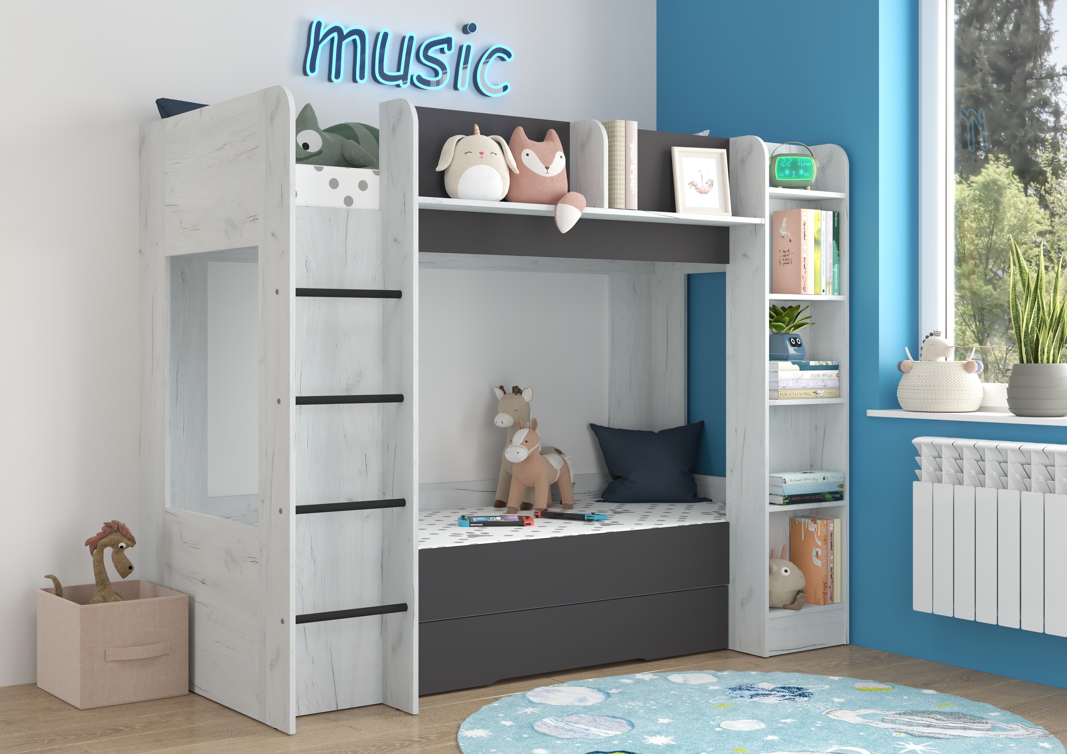 Etagenbett EVE-L für 2 Personen – 2 × 80 × 200 cm mit Schublade und Regalen