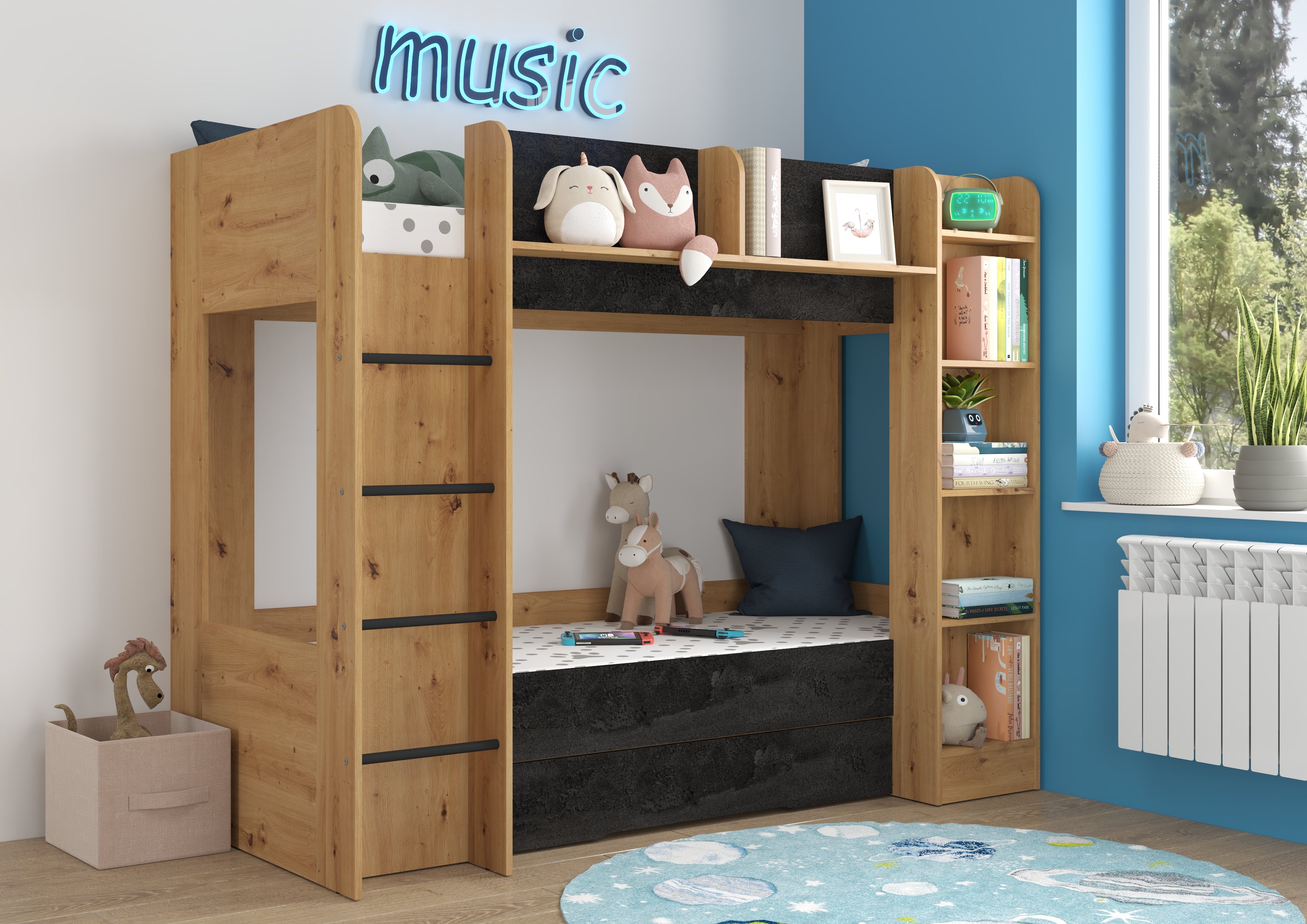 Etagenbett EVE-L für 2 Personen – 2 × 80 × 200 cm mit Schublade und Regalen