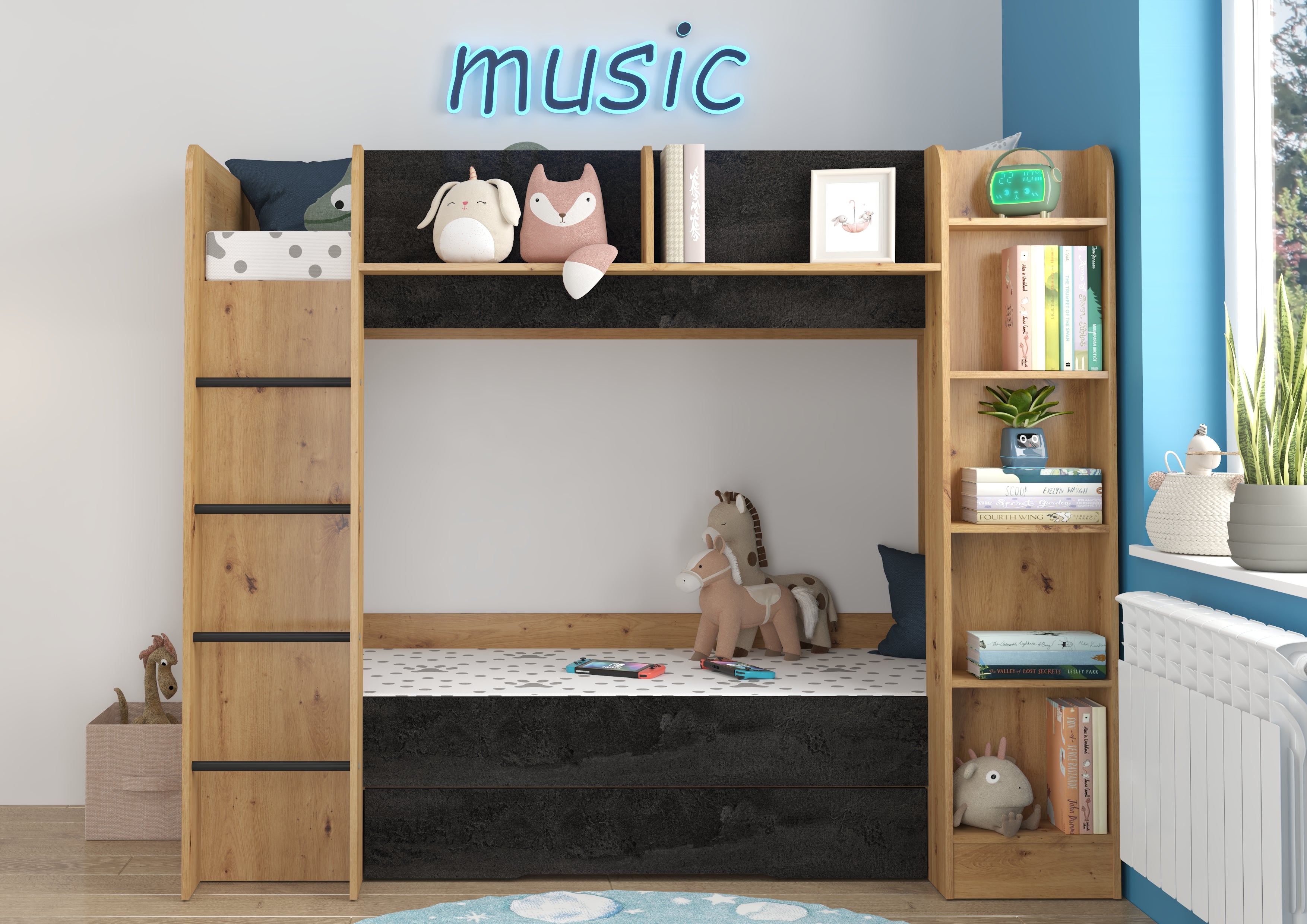 Etagenbett EVE-L für 2 Personen – 2 × 80 × 200 cm mit Schublade und Regalen