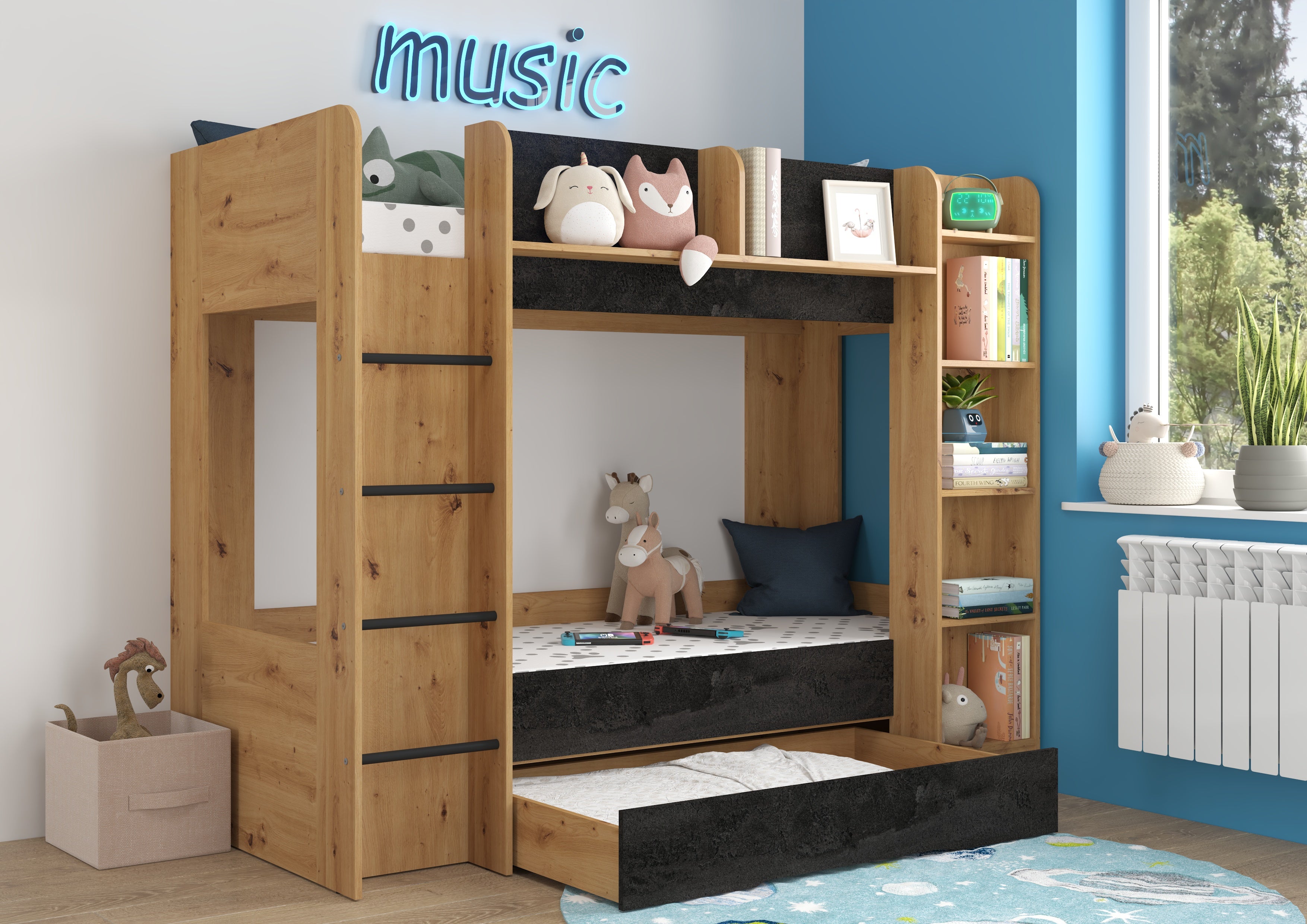 Etagenbett EVE-L für 2 Personen – 2 × 80 × 200 cm mit Schublade und Regalen