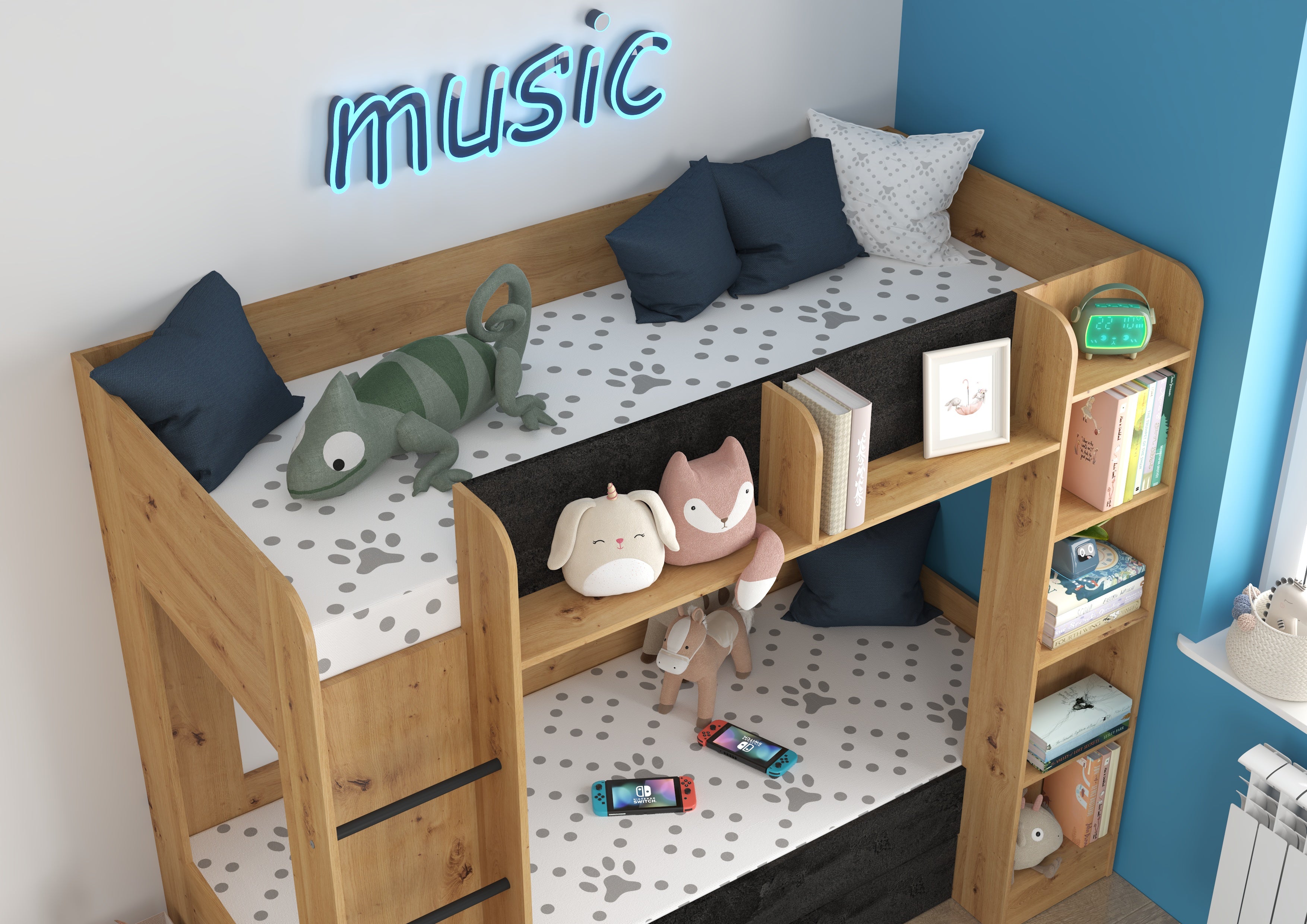 Etagenbett EVE-L für 2 Personen – 2 × 80 × 200 cm mit Schublade und Regalen