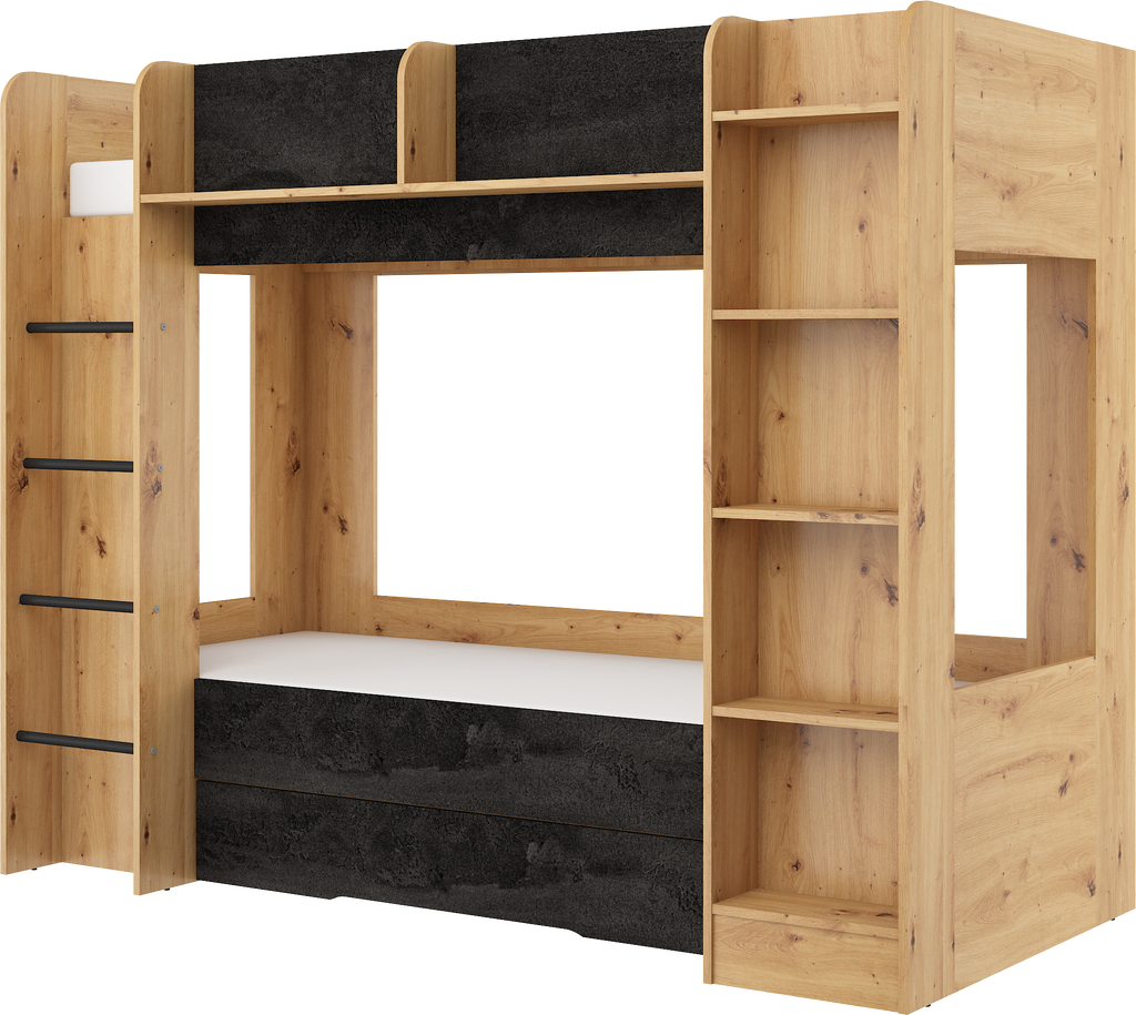 Etagenbett EVE-L für 2 Personen – 2 × 80 × 200 cm mit Schublade und Regalen