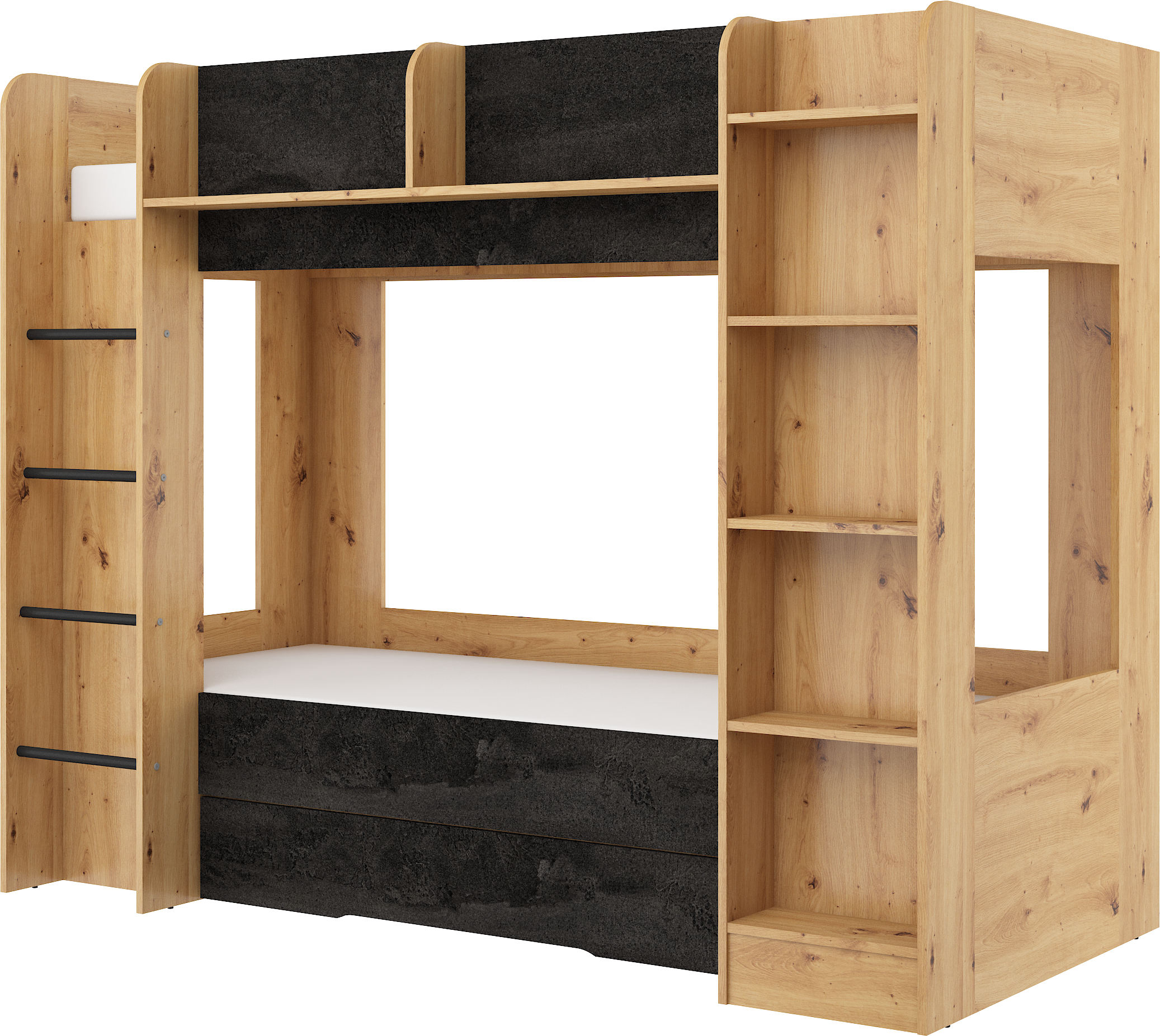 Etagenbett EVE-L für 2 Personen – 2 × 80 × 200 cm mit Schublade und Regalen