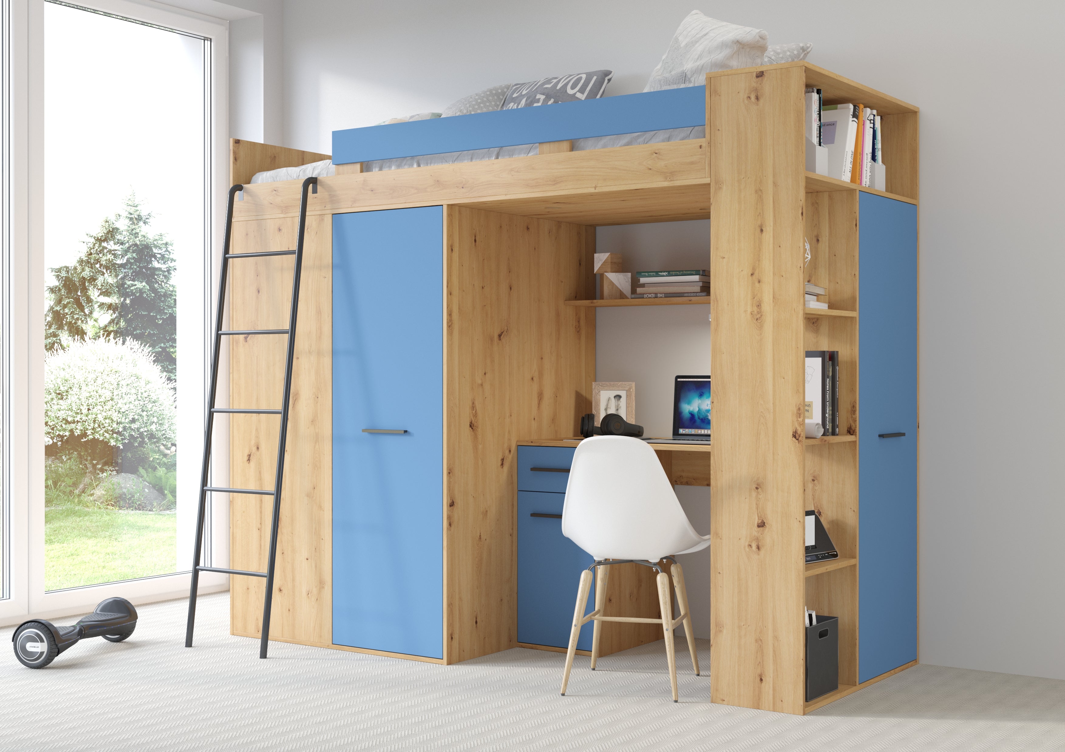 Etagenbett VER-L mit Leiter links, Kleiderschrank, Schreibtisch und viele Regale