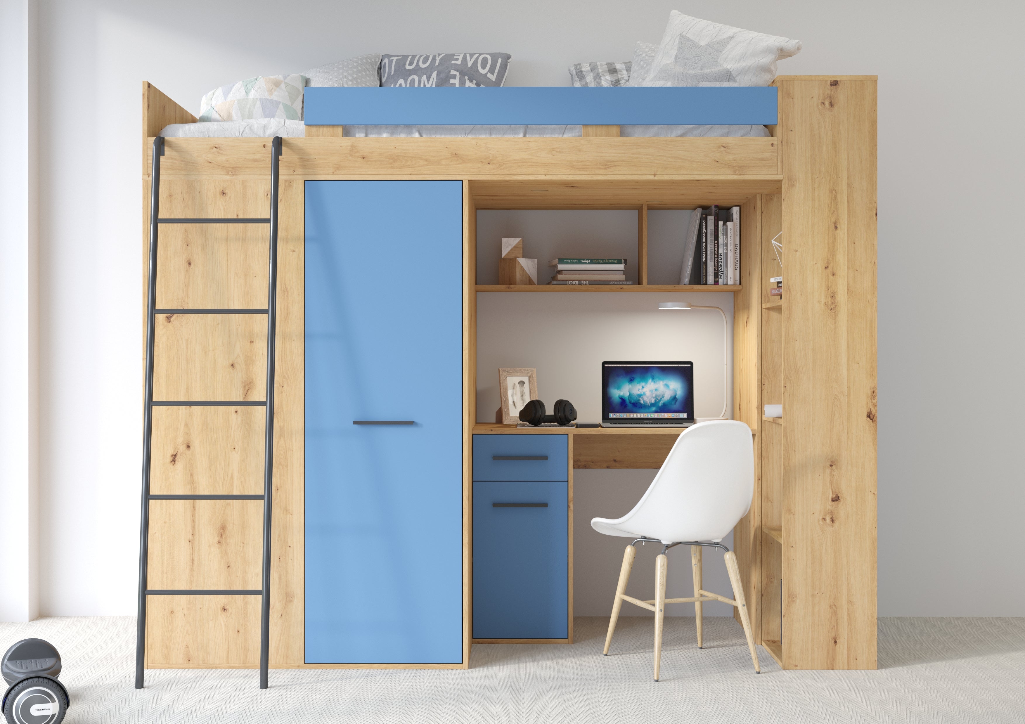 Etagenbett VER-L mit Leiter links, Kleiderschrank, Schreibtisch und viele Regale