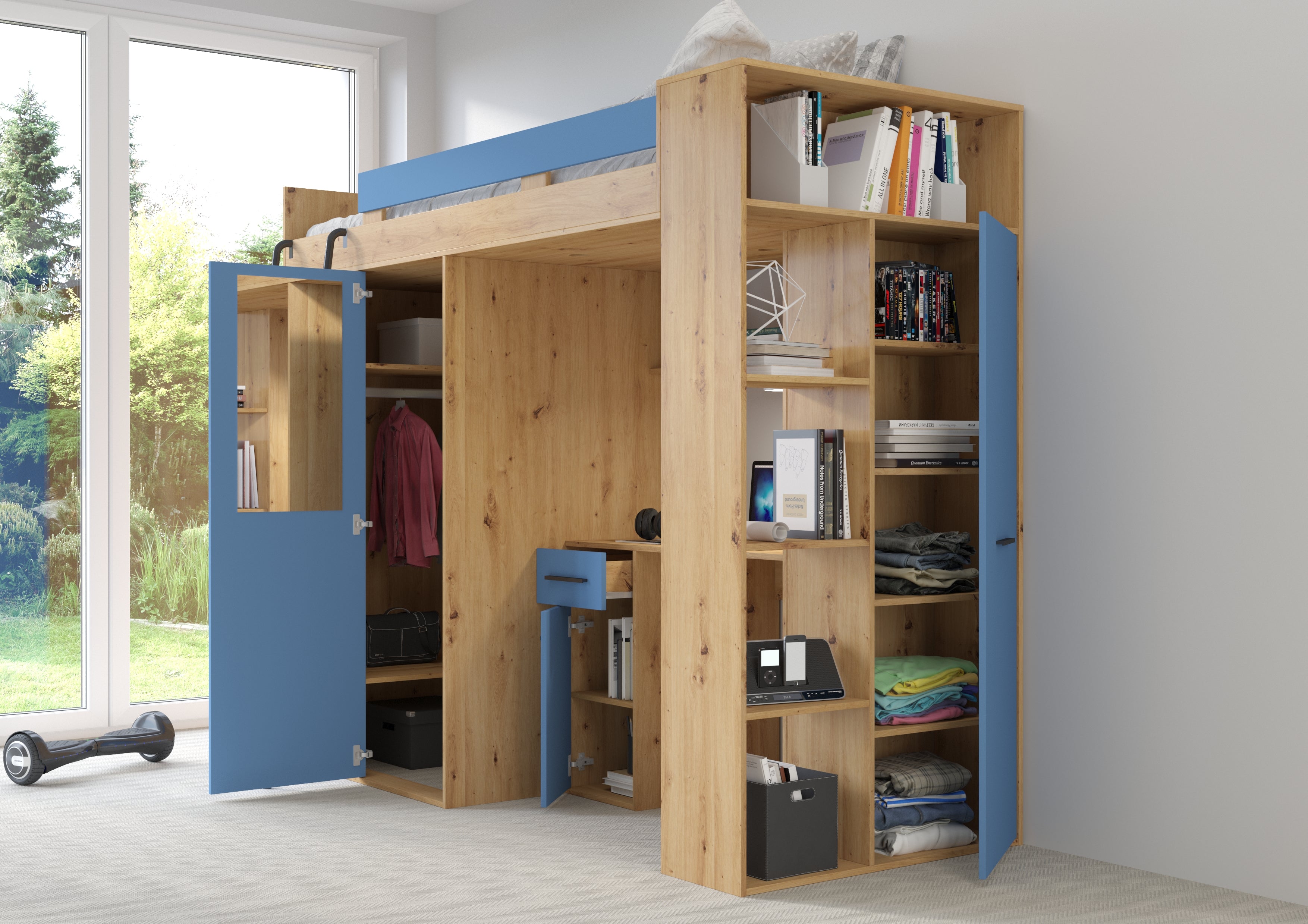 Etagenbett VER-L mit Leiter links, Kleiderschrank, Schreibtisch und viele Regale