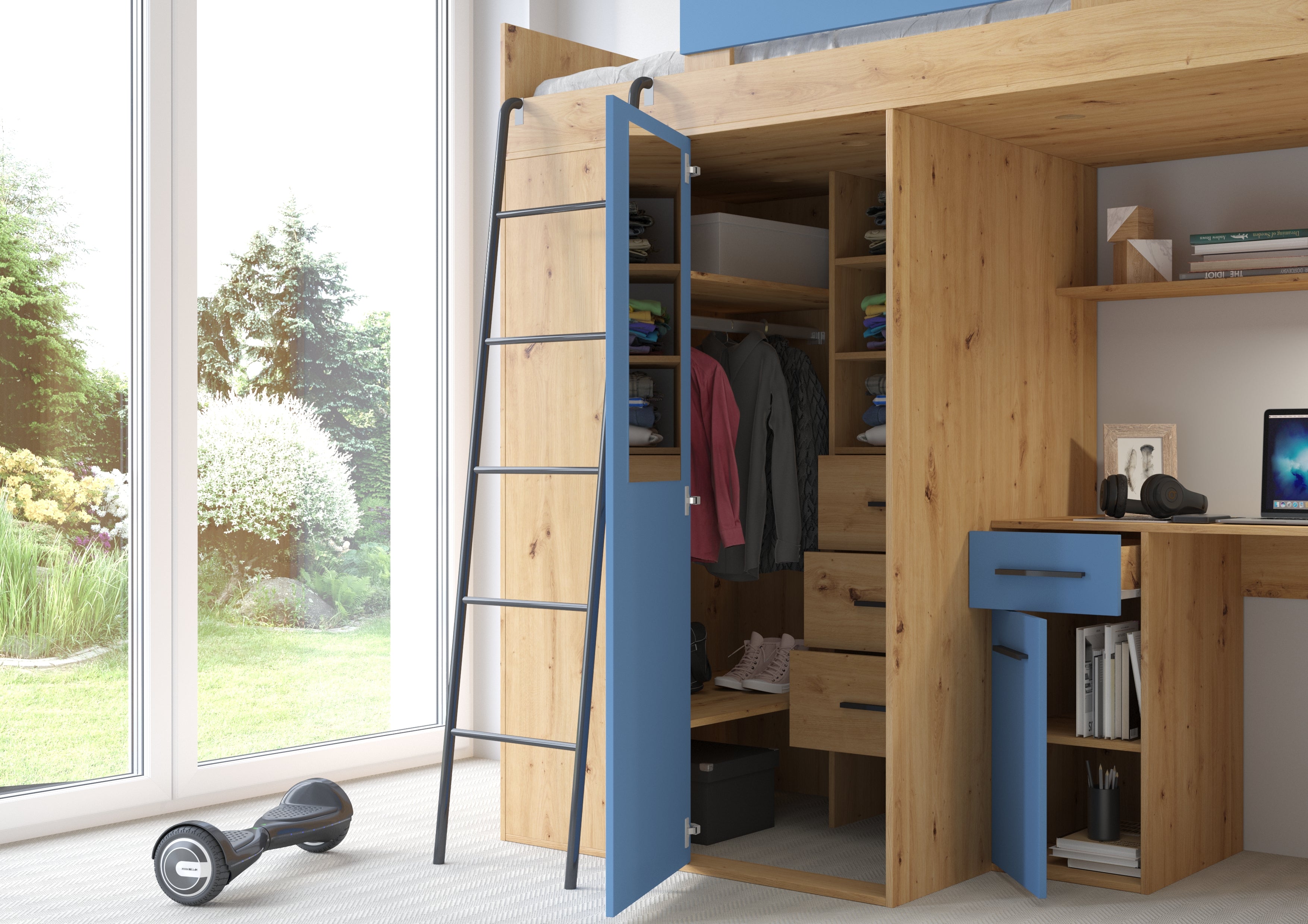 Etagenbett VER-L mit Leiter links, Kleiderschrank, Schreibtisch und viele Regale