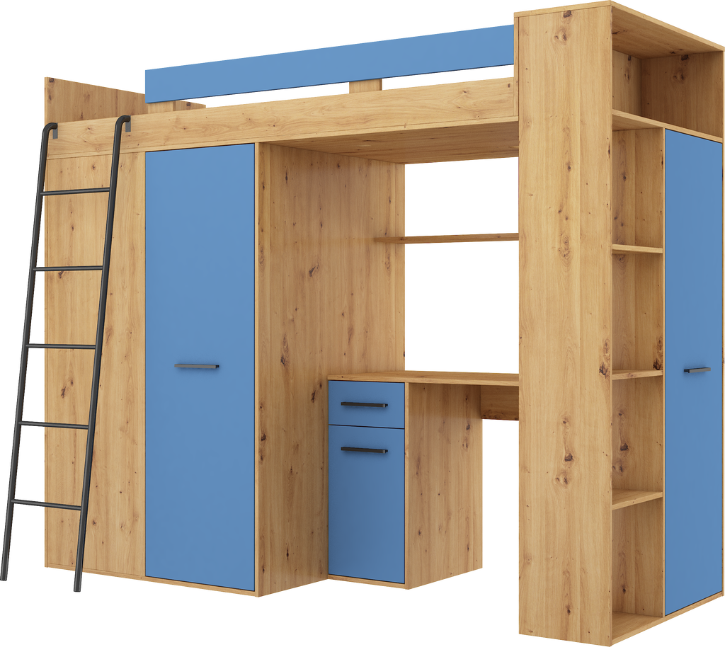 Etagenbett VER-L mit Leiter links, Kleiderschrank, Schreibtisch und viele Regale