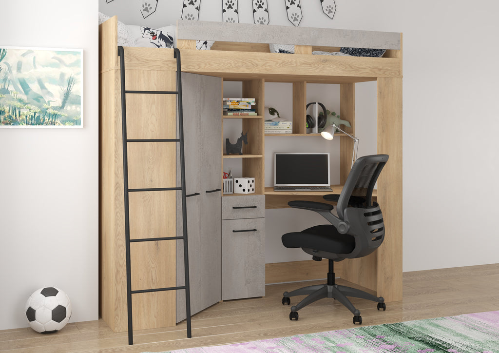 Etagenbett FLO-L mit Leiter  links, Eckkleiderschrank und Schreibtisch