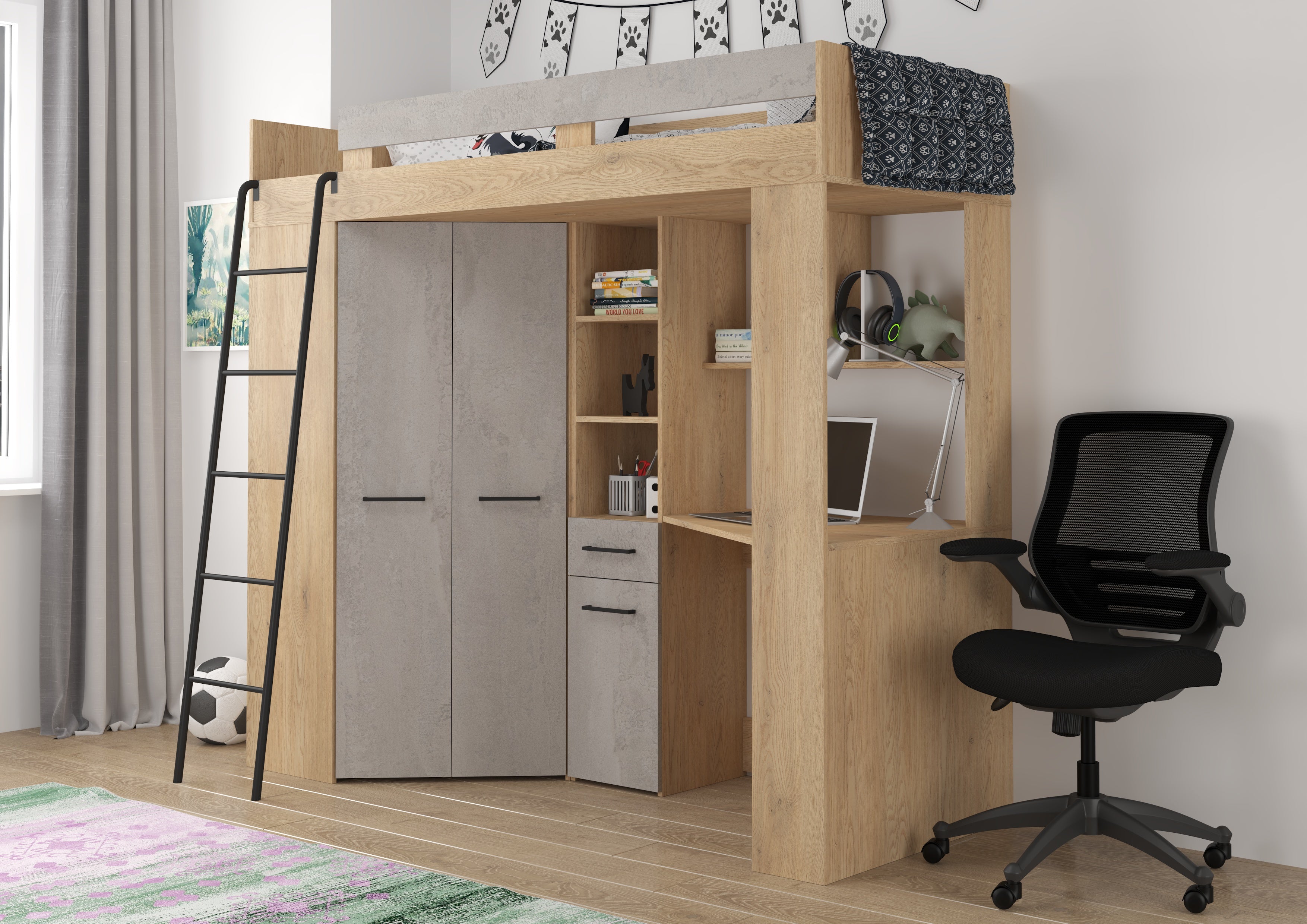 Etagenbett FLO-L mit Leiter  links, Eckkleiderschrank und Schreibtisch