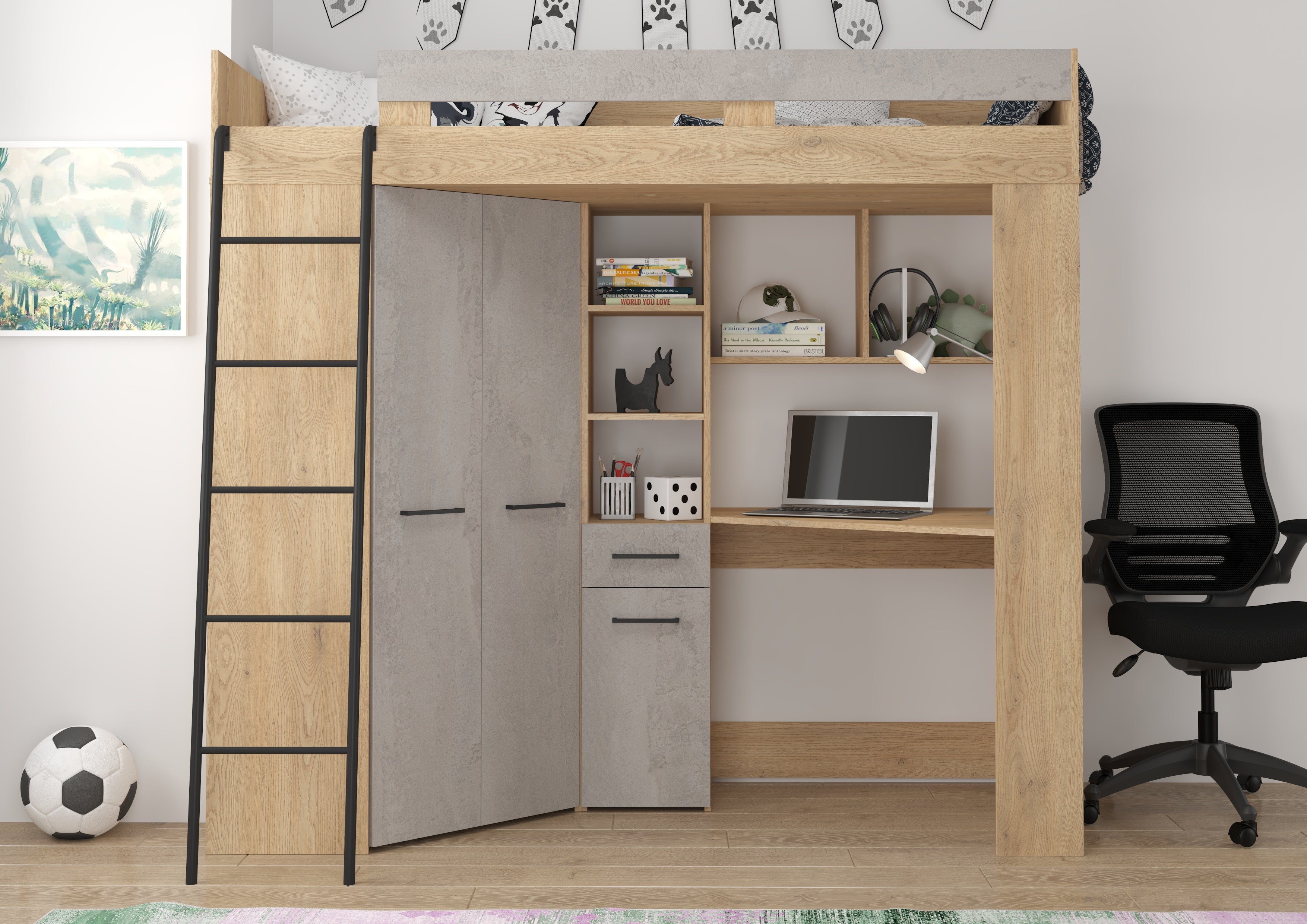 Etagenbett FLO-L mit Leiter  links, Eckkleiderschrank und Schreibtisch